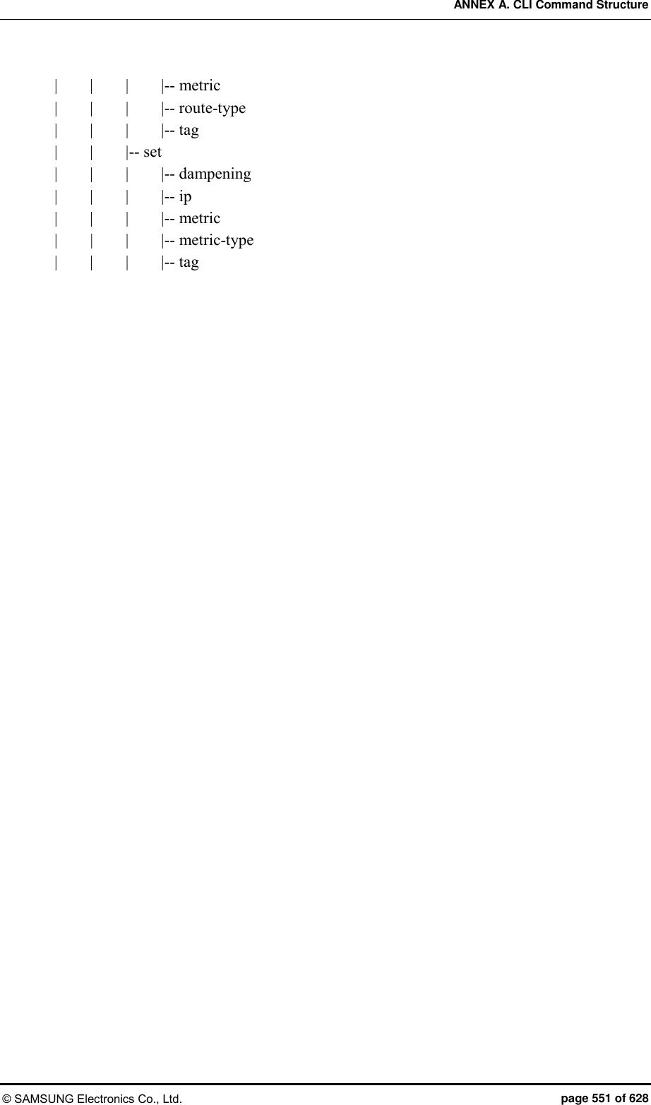 ANNEX A. CLI Command Structure © SAMSUNG Electronics Co., Ltd.  page 551 of 628 |        |        |        |-- metric |        |        |        |-- route-type |        |        |        |-- tag |        |        |-- set |        |        |        |-- dampening |        |        |        |-- ip |        |        |        |-- metric |    |        |        |-- metric-type |        |        |        |-- tag 