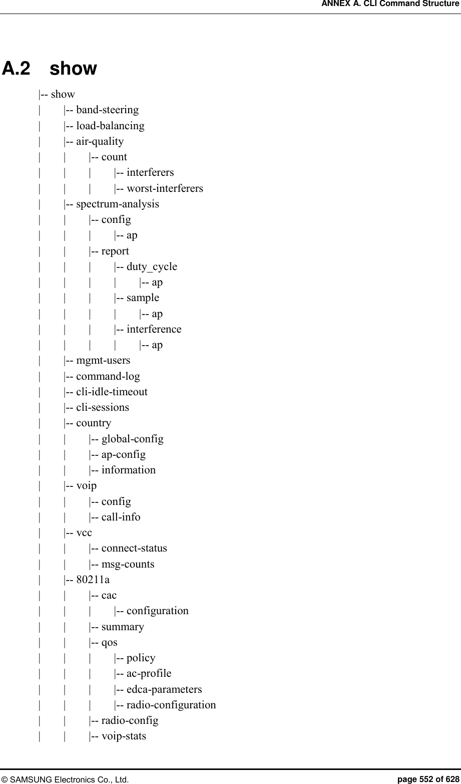 ANNEX A. CLI Command Structure © SAMSUNG Electronics Co., Ltd.  page 552 of 628 A.2  show |-- show |        |-- band-steering |        |-- load-balancing |        |-- air-quality |        |        |-- count |        |        |        |-- interferers |        |        |        |-- worst-interferers |        |-- spectrum-analysis |        |        |-- config |        |        |        |-- ap |        |        |-- report |        |        |        |-- duty_cycle |        |        |        |        |-- ap |        |        |        |-- sample |        |        |        |        |-- ap |        |        |        |-- interference |        |        |        |        |-- ap |        |-- mgmt-users |        |-- command-log |        |-- cli-idle-timeout |        |-- cli-sessions |        |-- country |        |        |-- global-config |        |        |-- ap-config |        |        |-- information |        |-- voip |        |        |-- config |        |        |-- call-info |        |-- vcc |        |        |-- connect-status |        |        |-- msg-counts |        |-- 80211a |        |        |-- cac |        |        |        |-- configuration |        |        |-- summary |        |        |-- qos |        |        |        |-- policy |        |        |        |-- ac-profile |        |        |        |-- edca-parameters |        |        |        |-- radio-configuration |        |        |-- radio-config |        |        |-- voip-stats 