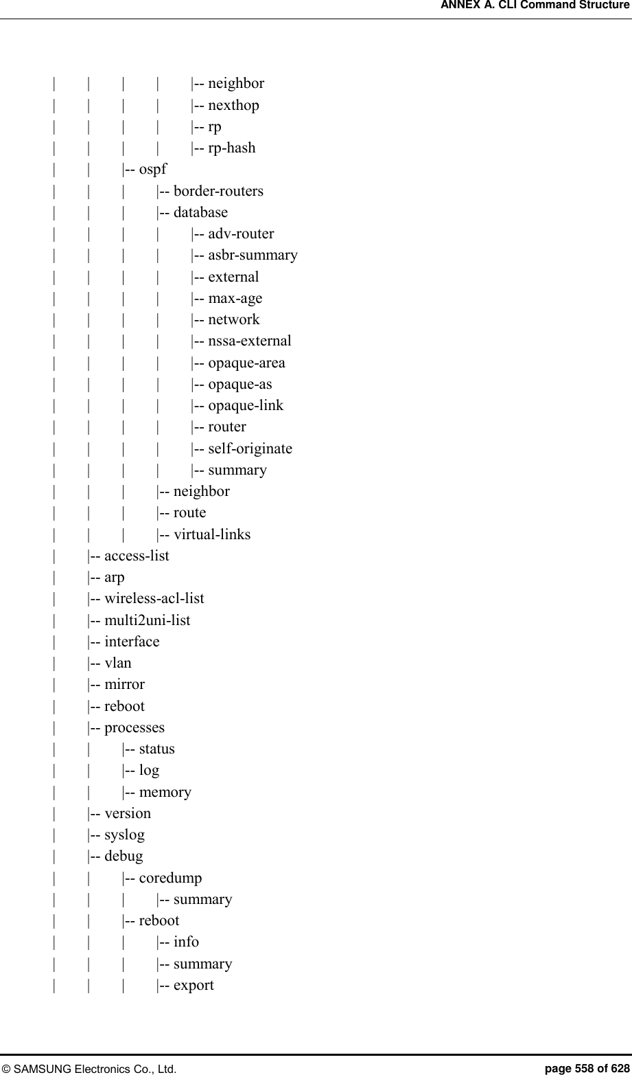 ANNEX A. CLI Command Structure © SAMSUNG Electronics Co., Ltd.  page 558 of 628 |        |        |        |        |-- neighbor |        |        |        |        |-- nexthop |        |        |        |        |-- rp |        |        |        |        |-- rp-hash |        |        |-- ospf |        |        |        |-- border-routers |        |        |        |-- database |    |        |        |        |-- adv-router |        |        |        |        |-- asbr-summary |        |        |        |        |-- external |        |        |        |        |-- max-age |        |        |        |        |-- network |        |        |        |        |-- nssa-external |        |        |        |        |-- opaque-area |        |        |        |        |-- opaque-as |        |        |        |        |-- opaque-link |        |        |        |        |-- router |        |        |        |        |-- self-originate |        |        |        |        |-- summary |        |        |        |-- neighbor |        |        |        |-- route |        |        |        |-- virtual-links |        |-- access-list |        |-- arp |        |-- wireless-acl-list |        |-- multi2uni-list |        |-- interface |        |-- vlan |        |-- mirror |        |-- reboot |        |-- processes |        |        |-- status |        |        |-- log |        |        |-- memory |        |-- version |        |-- syslog |        |-- debug |        |        |-- coredump |        |        |        |-- summary |        |        |-- reboot |        |        |        |-- info |        |        |        |-- summary |        |        |        |-- export 