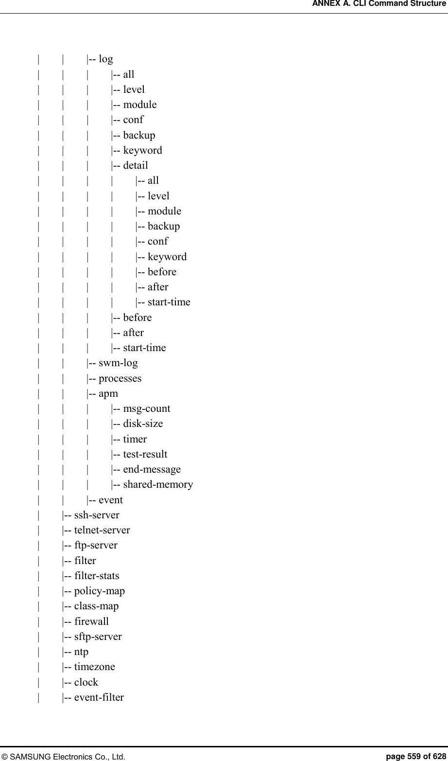 ANNEX A. CLI Command Structure © SAMSUNG Electronics Co., Ltd.  page 559 of 628 |        |        |-- log |        |        |        |-- all |        |        |        |-- level |        |        |        |-- module |        |    |        |-- conf |        |        |        |-- backup |        |        |        |-- keyword |        |        |        |-- detail |        |        |        |        |-- all |        |        |        |        |-- level |        |        |        |        |-- module |        |        |        |        |-- backup |        |        |        |        |-- conf |        |        |        |        |-- keyword |        |        |        |        |-- before |        |        |        |        |-- after |        |        |        |        |-- start-time |        |        |        |-- before |        |        |        |-- after |        |        |        |-- start-time |        |        |-- swm-log |        |        |-- processes |        |        |-- apm |        |        |        |-- msg-count |        |        |        |-- disk-size |        |        |        |-- timer |        |        |        |-- test-result |        |        |        |-- end-message |        |        |        |-- shared-memory |        |        |-- event |        |-- ssh-server |        |-- telnet-server |        |-- ftp-server |        |-- filter |        |-- filter-stats |        |-- policy-map |        |-- class-map |        |-- firewall |        |-- sftp-server |        |-- ntp |        |-- timezone |        |-- clock |        |-- event-filter 