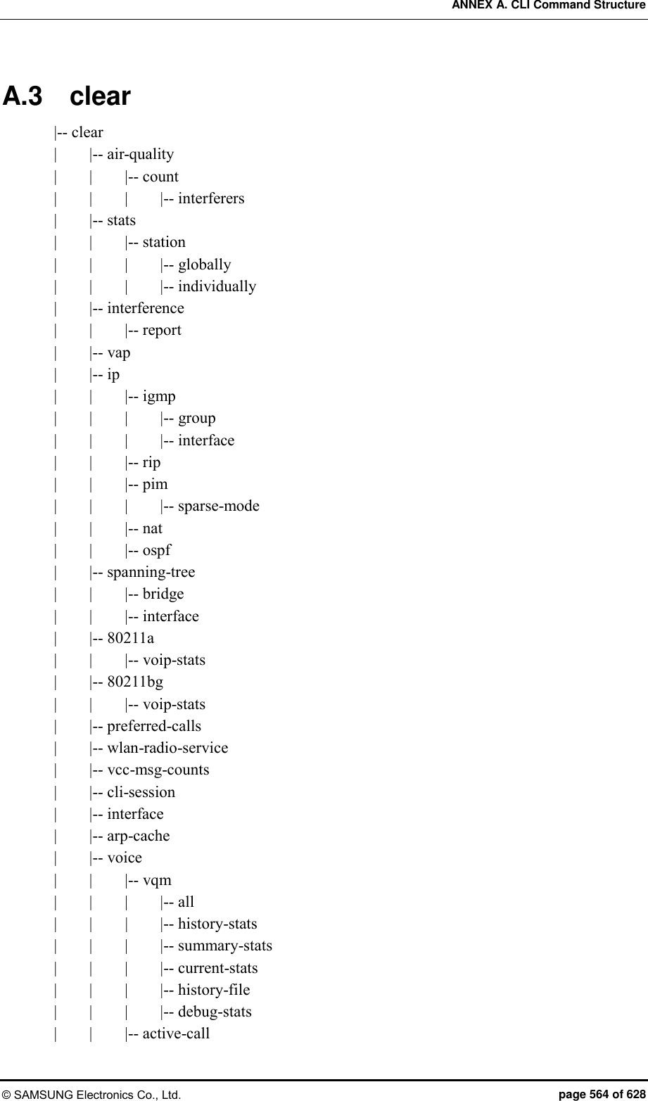 ANNEX A. CLI Command Structure © SAMSUNG Electronics Co., Ltd.  page 564 of 628 A.3  clear |-- clear |        |-- air-quality |        |        |-- count |        |        |        |-- interferers |        |-- stats |        |        |-- station |        |        |        |-- globally |        |        |        |-- individually |        |-- interference |        |        |-- report |        |-- vap |        |-- ip |        |        |-- igmp |        |        |        |-- group |        |        |        |-- interface |        |        |-- rip |        |        |-- pim |        |        |        |-- sparse-mode |        |        |-- nat |        |        |-- ospf |        |-- spanning-tree |        |        |-- bridge |        |        |-- interface |        |-- 80211a |        |        |-- voip-stats |        |-- 80211bg |        |        |-- voip-stats |        |-- preferred-calls |        |-- wlan-radio-service |        |-- vcc-msg-counts |        |-- cli-session |        |-- interface |        |-- arp-cache |        |-- voice |        |        |-- vqm |        |        |        |-- all |        |      |        |-- history-stats |        |        |        |-- summary-stats |        |        |        |-- current-stats |        |        |        |-- history-file |        |        |        |-- debug-stats |        |        |-- active-call 