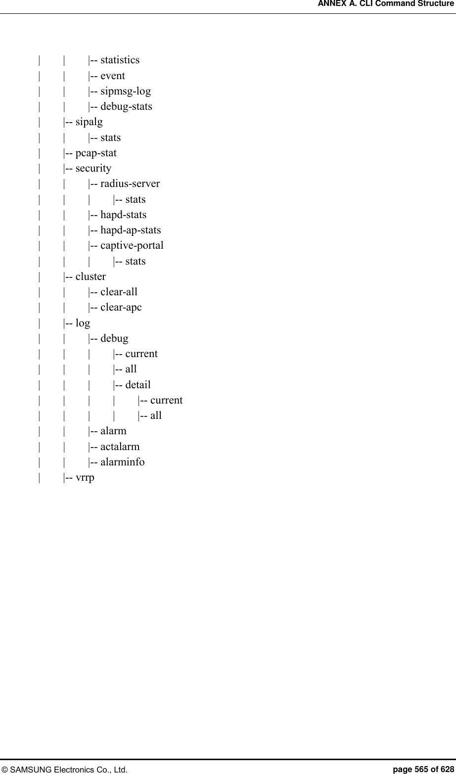 ANNEX A. CLI Command Structure © SAMSUNG Electronics Co., Ltd.  page 565 of 628 |        |        |-- statistics |        |        |-- event |        |        |-- sipmsg-log |        |        |-- debug-stats |        |-- sipalg |        |        |-- stats |        |-- pcap-stat |        |-- security |        |        |-- radius-server |        |        |        |-- stats |        |        |-- hapd-stats |        |        |-- hapd-ap-stats |        |        |-- captive-portal |        |        |        |-- stats |     |-- cluster |        |        |-- clear-all |        |        |-- clear-apc |        |-- log |        |        |-- debug |        |        |        |-- current |        |        |        |-- all |        |        |        |-- detail |        |        |        |        |-- current |        |        |        |        |-- all |        |        |-- alarm |        |        |-- actalarm |        |        |-- alarminfo |        |-- vrrp 