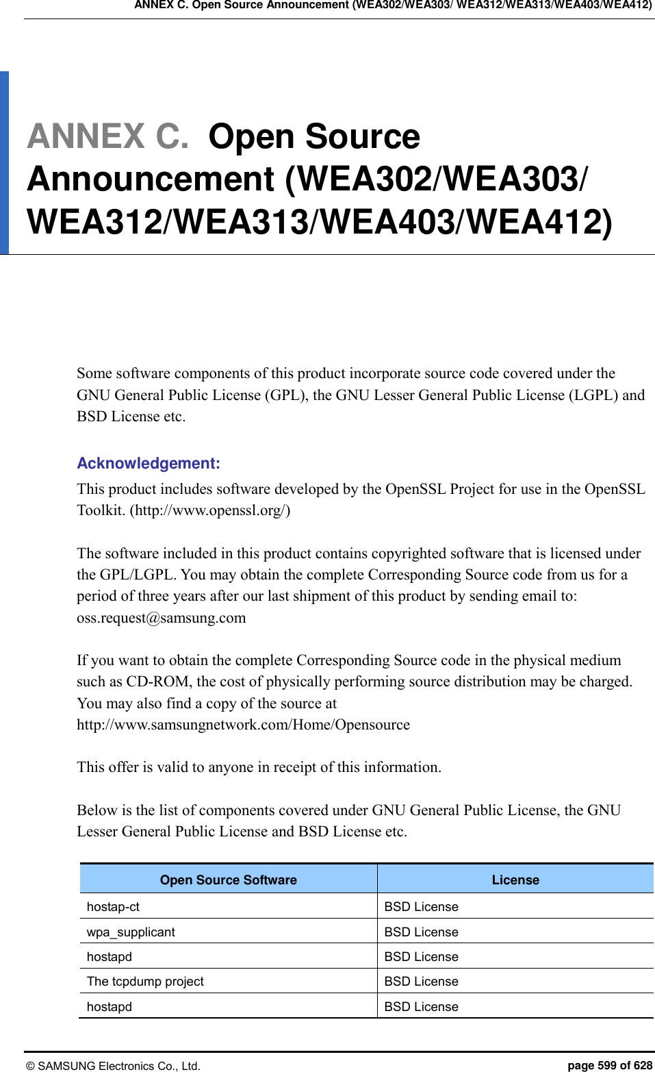 ANNEX C. Open Source Announcement (WEA302/WEA303/ WEA312/WEA313/WEA403/WEA412) © SAMSUNG Electronics Co., Ltd.  page 599 of 628 ANNEX C.  Open Source Announcement (WEA302/WEA303/ WEA312/WEA313/WEA403/WEA412)      Some software components of this product incorporate source code covered under the GNU General Public License (GPL), the GNU Lesser General Public License (LGPL) and BSD License etc.  Acknowledgement: This product includes software developed by the OpenSSL Project for use in the OpenSSL Toolkit. (http://www.openssl.org/)    The software included in this product contains copyrighted software that is licensed under the GPL/LGPL. You may obtain the complete Corresponding Source code from us for a period of three years after our last shipment of this product by sending email to: oss.request@samsung.com  If you want to obtain the complete Corresponding Source code in the physical medium such as CD-ROM, the cost of physically performing source distribution may be charged. You may also find a copy of the source at http://www.samsungnetwork.com/Home/Opensource    This offer is valid to anyone in receipt of this information.  Below is the list of components covered under GNU General Public License, the GNU Lesser General Public License and BSD License etc.  Open Source Software License hostap-ct BSD License wpa_supplicant BSD License hostapd BSD License The tcpdump project BSD License hostapd BSD License 