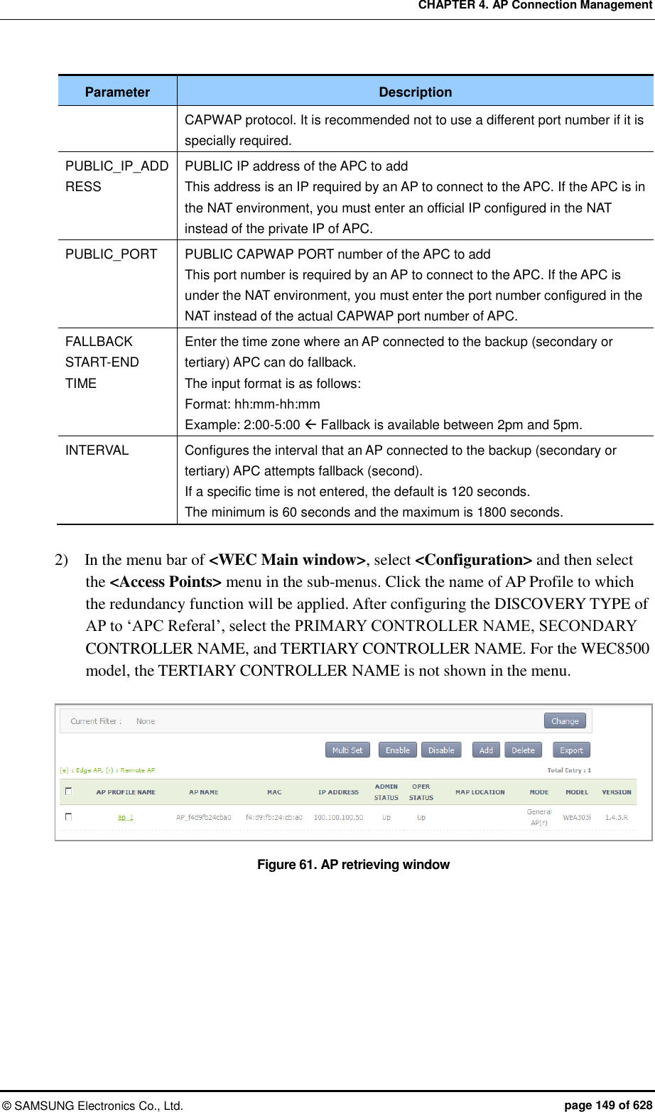 CHAPTER 4. AP Connection Management ©  SAMSUNG Electronics Co., Ltd.  page 149 of 628 Parameter Description CAPWAP protocol. It is recommended not to use a different port number if it is specially required. PUBLIC_IP_ADDRESS PUBLIC IP address of the APC to add This address is an IP required by an AP to connect to the APC. If the APC is in the NAT environment, you must enter an official IP configured in the NAT instead of the private IP of APC. PUBLIC_PORT PUBLIC CAPWAP PORT number of the APC to add This port number is required by an AP to connect to the APC. If the APC is under the NAT environment, you must enter the port number configured in the NAT instead of the actual CAPWAP port number of APC. FALLBACK START-END TIME Enter the time zone where an AP connected to the backup (secondary or tertiary) APC can do fallback.   The input format is as follows: Format: hh:mm-hh:mm   Example: 2:00-5:00  Fallback is available between 2pm and 5pm. INTERVAL Configures the interval that an AP connected to the backup (secondary or tertiary) APC attempts fallback (second). If a specific time is not entered, the default is 120 seconds. The minimum is 60 seconds and the maximum is 1800 seconds.  2)    In the menu bar of &lt;WEC Main window&gt;, select &lt;Configuration&gt; and then select the &lt;Access Points&gt; menu in the sub-menus. Click the name of AP Profile to which the redundancy function will be applied. After configuring the DISCOVERY TYPE of AP to ‘APC Referal’, select the PRIMARY CONTROLLER NAME, SECONDARY CONTROLLER NAME, and TERTIARY CONTROLLER NAME. For the WEC8500 model, the TERTIARY CONTROLLER NAME is not shown in the menu.  Figure 61. AP retrieving window    