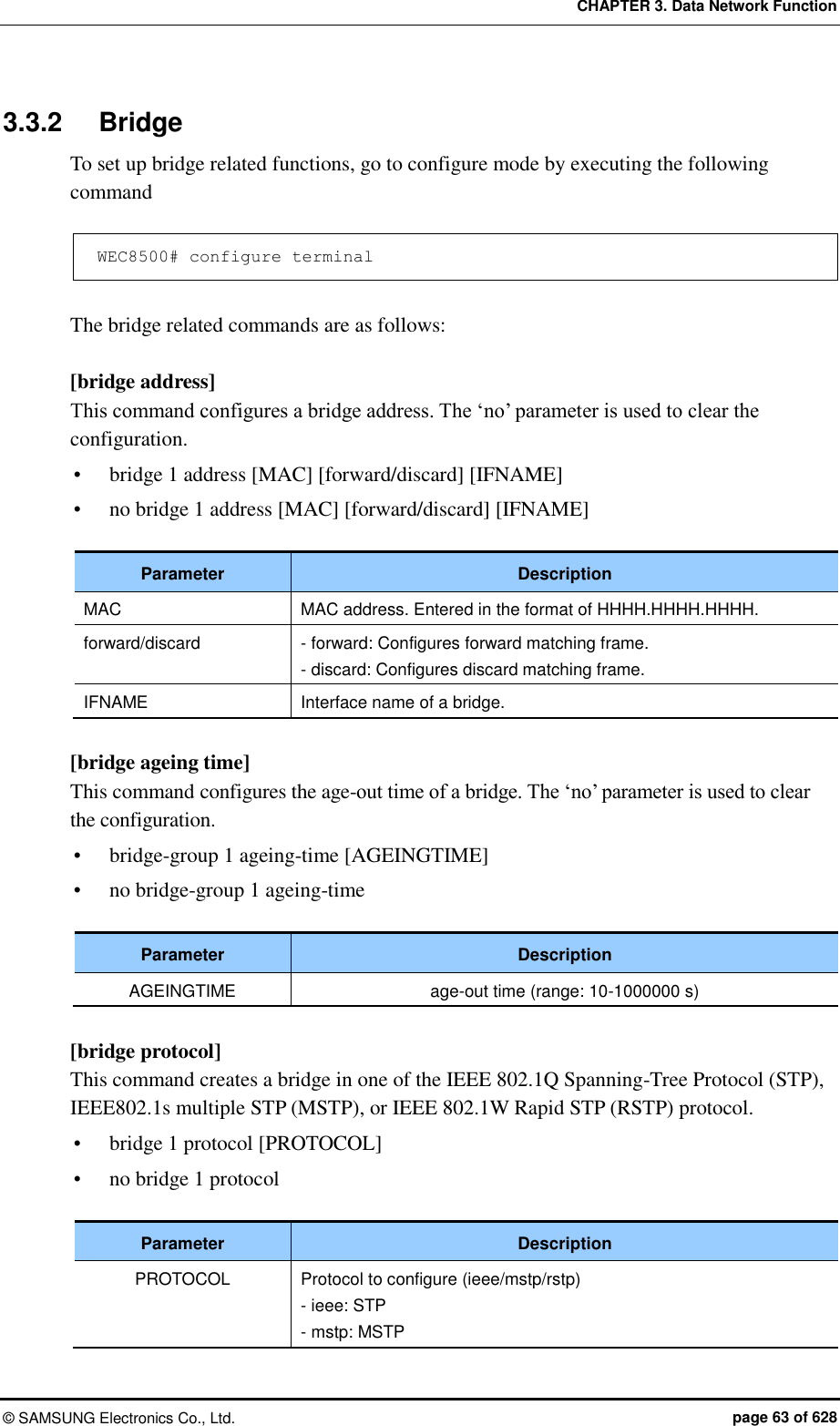 CHAPTER 3. Data Network Function ©  SAMSUNG Electronics Co., Ltd.  page 63 of 628 3.3.2  Bridge To set up bridge related functions, go to configure mode by executing the following command  WEC8500# configure terminal  The bridge related commands are as follows:  [bridge address] This command configures a bridge address. The ‘no’ parameter is used to clear the configuration.  bridge 1 address [MAC] [forward/discard] [IFNAME]  no bridge 1 address [MAC] [forward/discard] [IFNAME]  Parameter Description MAC MAC address. Entered in the format of HHHH.HHHH.HHHH. forward/discard - forward: Configures forward matching frame. - discard: Configures discard matching frame. IFNAME Interface name of a bridge.  [bridge ageing time] This command configures the age-out time of a bridge. The ‘no’ parameter is used to clear the configuration.  bridge-group 1 ageing-time [AGEINGTIME]  no bridge-group 1 ageing-time  Parameter Description AGEINGTIME age-out time (range: 10-1000000 s)  [bridge protocol] This command creates a bridge in one of the IEEE 802.1Q Spanning-Tree Protocol (STP), IEEE802.1s multiple STP (MSTP), or IEEE 802.1W Rapid STP (RSTP) protocol.  bridge 1 protocol [PROTOCOL]  no bridge 1 protocol  Parameter Description PROTOCOL Protocol to configure (ieee/mstp/rstp) - ieee: STP - mstp: MSTP 