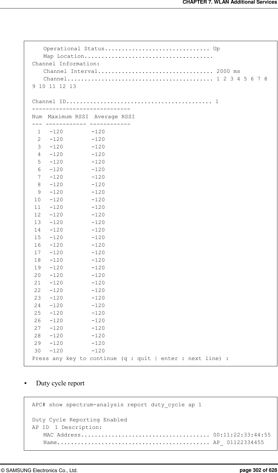 CHAPTER 7. WLAN Additional Services © SAMSUNG Electronics Co., Ltd.  page 302 of 628      Operational Status............................... Up     Map Location......................................  Channel Information:     Channel Interval.................................. 2000 ms     Channel........................................... 1 2 3 4 5 6 7 8 9 10 11 12 13  Channel ID........................................... 1 ----------------------------- Num  Maximum RSSI  Average RSSI --- ------------ ------------   1   -120          -120   2   -120          -120   3   -120          -120   4   -120          -120   5   -120          -120   6   -120          -120   7   -120          -120   8   -120          -120   9   -120          -120  10   -120          -120  11   -120          -120  12   -120          -120  13   -120          -120  14   -120          -120  15   -120          -120  16   -120          -120  17   -120          -120  18   -120          -120  19   -120          -120  20   -120          -120  21   -120          -120  22   -120          -120  23   -120          -120  24   -120          -120  25   -120          -120  26   -120          -120  27   -120          -120  28   -120          -120  29   -120          -120  30   -120          -120 Press any key to continue (q : quit | enter : next line) :   Duty cycle report  APC# show spectrum-analysis report duty_cycle ap 1  Duty Cycle Reporting Enabled AP ID  1 Description:     MAC Address...................................... 00:11:22:33:44:55     Name............................................. AP_ 01122334455 