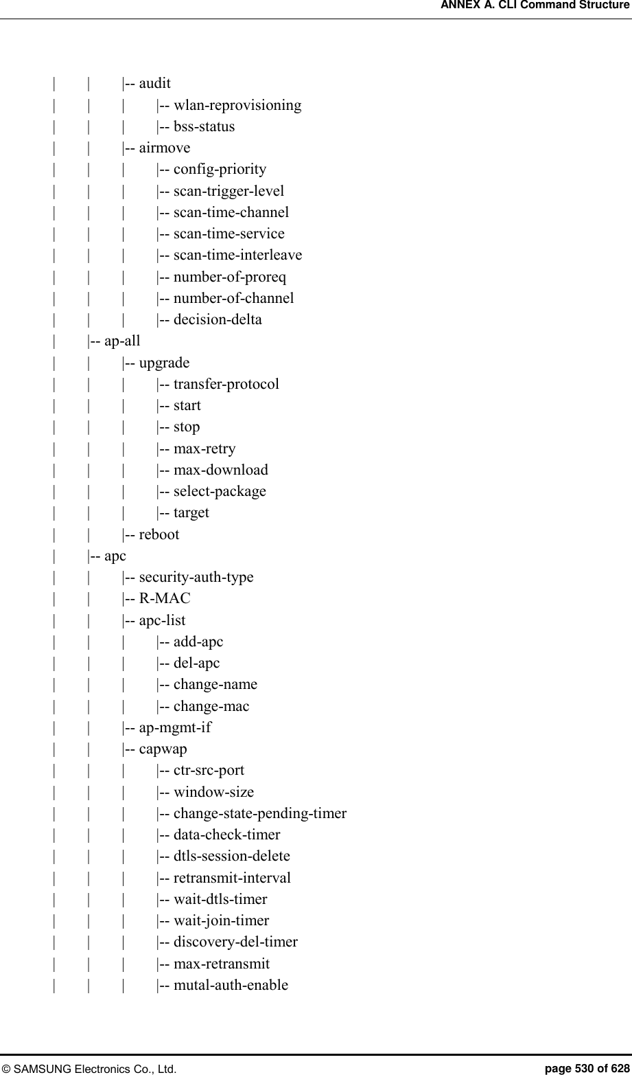 ANNEX A. CLI Command Structure © SAMSUNG Electronics Co., Ltd.  page 530 of 628 |        |        |-- audit |      |        |        |-- wlan-reprovisioning |        |        |        |-- bss-status |        |        |-- airmove |        |        |        |-- config-priority |        |        |        |-- scan-trigger-level |        |        |        |-- scan-time-channel |        |        |        |-- scan-time-service |        |        |        |-- scan-time-interleave |        |        |        |-- number-of-proreq |        |        |        |-- number-of-channel |        |        |        |-- decision-delta |        |-- ap-all |        |        |-- upgrade |        |        |        |-- transfer-protocol |        |        |        |-- start |        |        |        |-- stop |        |    |        |-- max-retry |        |        |        |-- max-download |        |        |        |-- select-package |        |        |        |-- target |        |        |-- reboot |        |-- apc |        |        |-- security-auth-type |        |        |-- R-MAC |        |        |-- apc-list |        |        |        |-- add-apc |        |        |        |-- del-apc |        |        |        |-- change-name |        |        |        |-- change-mac |        |        |-- ap-mgmt-if |        |        |-- capwap |        |        |        |-- ctr-src-port |        |        |        |-- window-size |        |        |        |-- change-state-pending-timer |        |        |        |-- data-check-timer |        |        |        |-- dtls-session-delete |        |        |        |-- retransmit-interval |        |        |        |-- wait-dtls-timer |        |        |        |-- wait-join-timer |        |        |        |-- discovery-del-timer |        |        |        |-- max-retransmit |        |        |        |-- mutal-auth-enable 