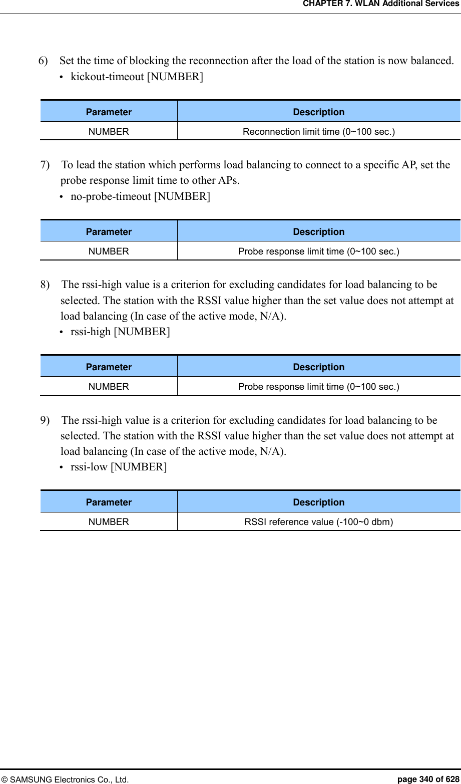 CHAPTER 7. WLAN Additional Services © SAMSUNG Electronics Co., Ltd.  page 340 of 628 6)    Set the time of blocking the reconnection after the load of the station is now balanced.  kickout-timeout [NUMBER]  Parameter Description NUMBER Reconnection limit time (0~100 sec.)  7)    To lead the station which performs load balancing to connect to a specific AP, set the probe response limit time to other APs.  no-probe-timeout [NUMBER]  Parameter Description NUMBER Probe response limit time (0~100 sec.)  8)    The rssi-high value is a criterion for excluding candidates for load balancing to be selected. The station with the RSSI value higher than the set value does not attempt at load balancing (In case of the active mode, N/A).  rssi-high [NUMBER]  Parameter Description NUMBER Probe response limit time (0~100 sec.)  9)    The rssi-high value is a criterion for excluding candidates for load balancing to be selected. The station with the RSSI value higher than the set value does not attempt at load balancing (In case of the active mode, N/A).  rssi-low [NUMBER]  Parameter Description NUMBER RSSI reference value (-100~0 dbm)  