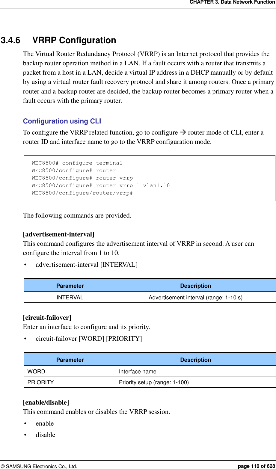 CHAPTER 3. Data Network Function ©  SAMSUNG Electronics Co., Ltd.  page 110 of 628 3.4.6  VRRP Configuration The Virtual Router Redundancy Protocol (VRRP) is an Internet protocol that provides the backup router operation method in a LAN. If a fault occurs with a router that transmits a packet from a host in a LAN, decide a virtual IP address in a DHCP manually or by default by using a virtual router fault recovery protocol and share it among routers. Once a primary router and a backup router are decided, the backup router becomes a primary router when a fault occurs with the primary router.  Configuration using CLI To configure the VRRP related function, go to configure  router mode of CLI, enter a router ID and interface name to go to the VRRP configuration mode.    WEC8500# configure terminal WEC8500/configure# router WEC8500/configure# router vrrp WEC8500/configure# router vrrp 1 vlan1.10  WEC8500/configure/router/vrrp#   The following commands are provided.  [advertisement-interval] This command configures the advertisement interval of VRRP in second. A user can configure the interval from 1 to 10.    advertisement-interval [INTERVAL]  Parameter Description INTERVAL Advertisement interval (range: 1-10 s)  [circuit-failover] Enter an interface to configure and its priority.    circuit-failover [WORD] [PRIORITY]  Parameter Description WORD Interface name PRIORITY Priority setup (range: 1-100)  [enable/disable] This command enables or disables the VRRP session.    enable  disable 
