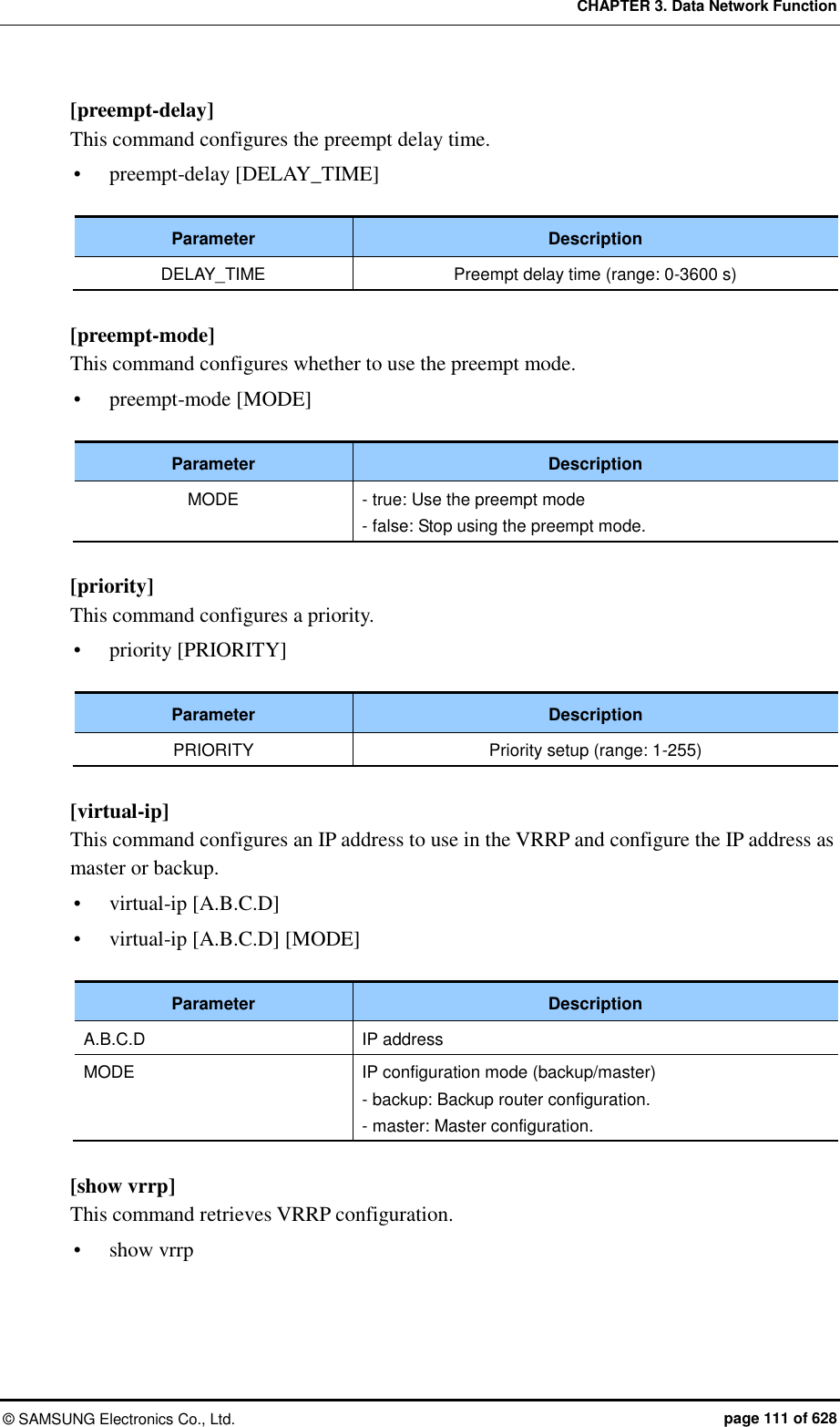 CHAPTER 3. Data Network Function ©  SAMSUNG Electronics Co., Ltd.  page 111 of 628 [preempt-delay] This command configures the preempt delay time.    preempt-delay [DELAY_TIME]  Parameter Description DELAY_TIME Preempt delay time (range: 0-3600 s)  [preempt-mode] This command configures whether to use the preempt mode.    preempt-mode [MODE]  Parameter Description MODE - true: Use the preempt mode - false: Stop using the preempt mode.  [priority] This command configures a priority.    priority [PRIORITY]  Parameter Description PRIORITY Priority setup (range: 1-255)  [virtual-ip] This command configures an IP address to use in the VRRP and configure the IP address as master or backup.    virtual-ip [A.B.C.D]  virtual-ip [A.B.C.D] [MODE]  Parameter Description A.B.C.D IP address MODE IP configuration mode (backup/master) - backup: Backup router configuration. - master: Master configuration.  [show vrrp] This command retrieves VRRP configuration.  show vrrp    