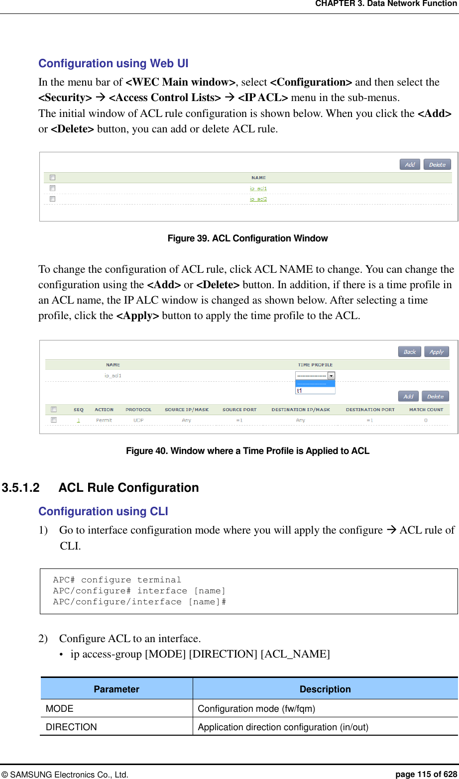 CHAPTER 3. Data Network Function ©  SAMSUNG Electronics Co., Ltd.  page 115 of 628 Configuration using Web UI In the menu bar of &lt;WEC Main window&gt;, select &lt;Configuration&gt; and then select the &lt;Security&gt;  &lt;Access Control Lists&gt;  &lt;IP ACL&gt; menu in the sub-menus. The initial window of ACL rule configuration is shown below. When you click the &lt;Add&gt; or &lt;Delete&gt; button, you can add or delete ACL rule.  Figure 39. ACL Configuration Window  To change the configuration of ACL rule, click ACL NAME to change. You can change the configuration using the &lt;Add&gt; or &lt;Delete&gt; button. In addition, if there is a time profile in an ACL name, the IP ALC window is changed as shown below. After selecting a time profile, click the &lt;Apply&gt; button to apply the time profile to the ACL.  Figure 40. Window where a Time Profile is Applied to ACL  3.5.1.2  ACL Rule Configuration Configuration using CLI 1)    Go to interface configuration mode where you will apply the configure  ACL rule of CLI.  APC# configure terminal APC/configure# interface [name] APC/configure/interface [name]#  2)    Configure ACL to an interface.  ip access-group [MODE] [DIRECTION] [ACL_NAME]  Parameter Description MODE Configuration mode (fw/fqm) DIRECTION Application direction configuration (in/out) 