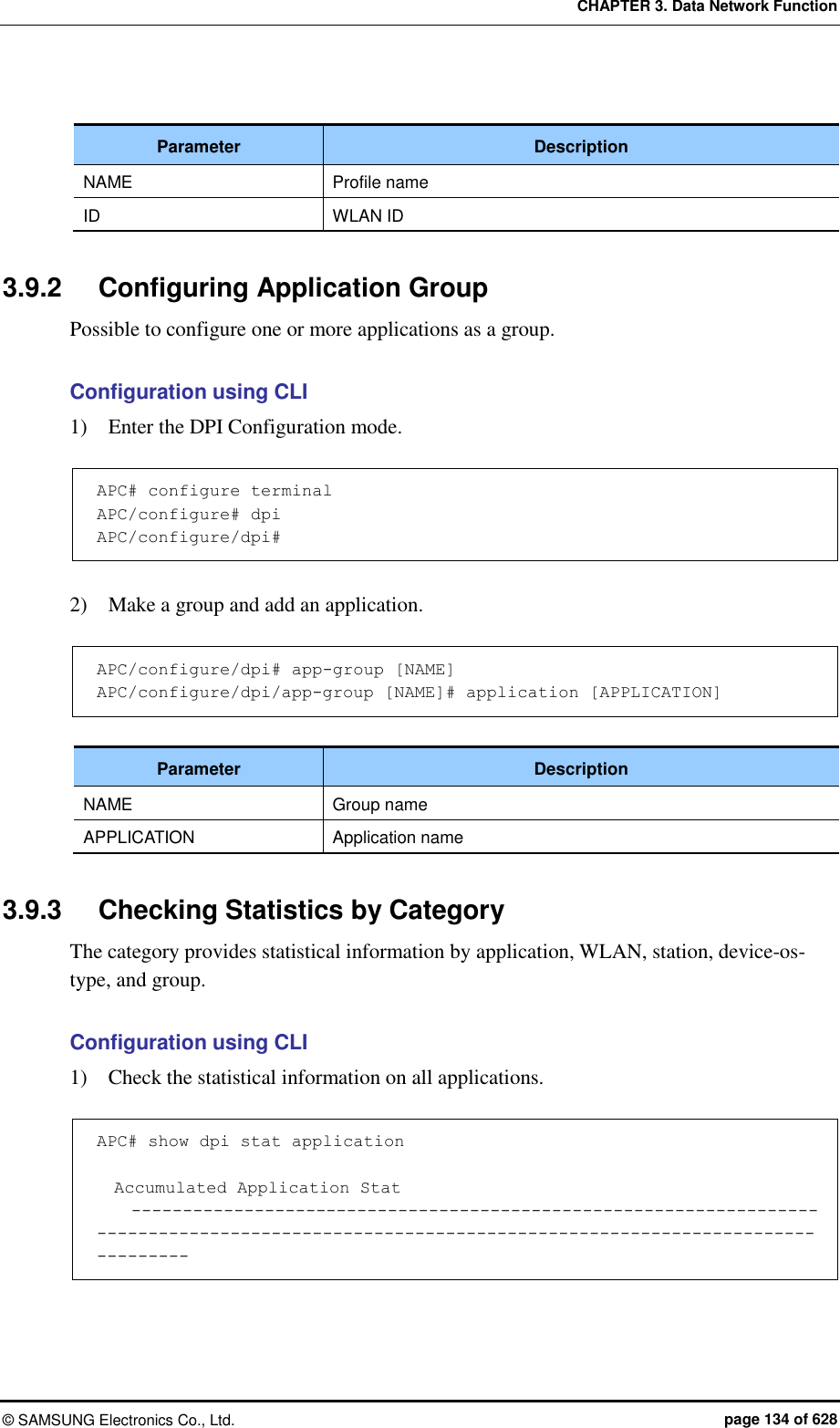 CHAPTER 3. Data Network Function ©  SAMSUNG Electronics Co., Ltd.  page 134 of 628  Parameter Description NAME Profile name ID WLAN ID  3.9.2  Configuring Application Group Possible to configure one or more applications as a group.  Configuration using CLI 1)    Enter the DPI Configuration mode.  APC# configure terminal APC/configure# dpi APC/configure/dpi#  2)    Make a group and add an application.  APC/configure/dpi# app-group [NAME] APC/configure/dpi/app-group [NAME]# application [APPLICATION]  Parameter Description NAME Group name APPLICATION Application name  3.9.3  Checking Statistics by Category The category provides statistical information by application, WLAN, station, device-os-type, and group.  Configuration using CLI 1)    Check the statistical information on all applications.  APC# show dpi stat application    Accumulated Application Stat     -------------------------------------------------------------------------------------------------------------------------------------------------- 