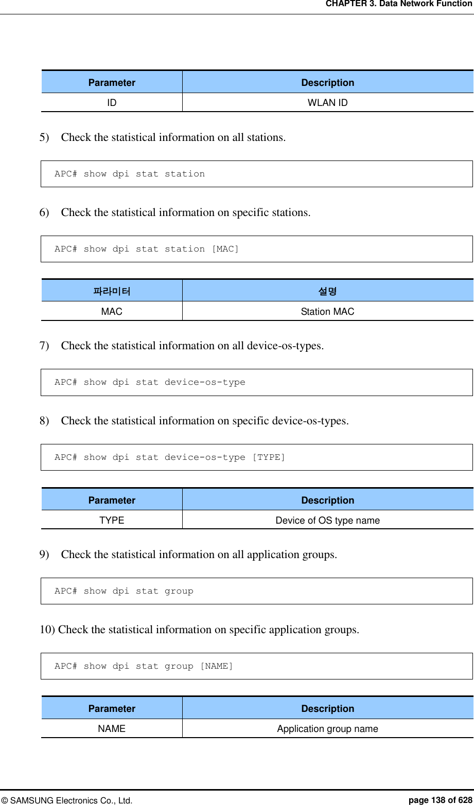 CHAPTER 3. Data Network Function ©  SAMSUNG Electronics Co., Ltd.  page 138 of 628  Parameter Description ID WLAN ID  5)    Check the statistical information on all stations.  APC# show dpi stat station  6)    Check the statistical information on specific stations.  APC# show dpi stat station [MAC]  파라미터 설명 MAC Station MAC  7)    Check the statistical information on all device-os-types.  APC# show dpi stat device-os-type  8)    Check the statistical information on specific device-os-types.  APC# show dpi stat device-os-type [TYPE]  Parameter Description TYPE Device of OS type name  9)    Check the statistical information on all application groups.  APC# show dpi stat group  10) Check the statistical information on specific application groups.  APC# show dpi stat group [NAME]  Parameter Description NAME Application group name  
