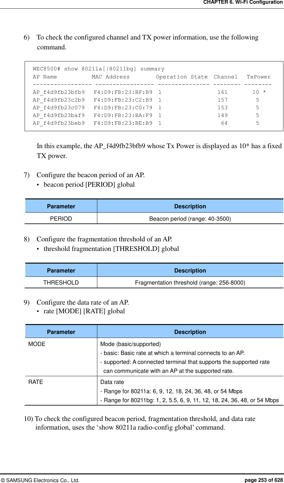 CHAPTER 6. Wi-Fi Configuration ©  SAMSUNG Electronics Co., Ltd.  page 253 of 628 6)    To check the configured channel and TX power information, use the following command.  WEC8500# show 80211a[|80211bg] summary AP Name            MAC Address         Operation State  Channel   TxPower ----------------- ----------------- --------------- -------- -------- AP_f4d9fb23bfb9   F4:D9:FB:23:BF:B9  1                   161         10 * AP_f4d9fb23c2b9   F4:D9:FB:23:C2:B9  1                  157          5 AP_f4d9fb23c079   F4:D9:FB:23:C0:79  1                   153          5 AP_f4d9fb23baf9   F4:D9:FB:23:BA:F9  1                  149          5 AP_f4d9fb23beb9   F4:D9:FB:23:BE:B9  1                   64          5   In this example, the AP_f4d9fb23bfb9 whose Tx Power is displayed as 10* has a fixed TX power.  7)    Configure the beacon period of an AP.  beacon period [PERIOD] global  Parameter Description PERIOD Beacon period (range: 40-3500)  8)    Configure the fragmentation threshold of an AP.  threshold fragmentation [THRESHOLD] global  Parameter Description THRESHOLD Fragmentation threshold (range: 256-8000)  9)    Configure the data rate of an AP.  rate [MODE] [RATE] global  Parameter Description MODE Mode (basic/supported) - basic: Basic rate at which a terminal connects to an AP. - supported: A connected terminal that supports the supported rate can communicate with an AP at the supported rate. RATE Data rate - Range for 80211a: 6, 9, 12, 18, 24, 36, 48, or 54 Mbps - Range for 80211bg: 1, 2, 5.5, 6, 9, 11, 12, 18, 24, 36, 48, or 54 Mbps  10) To check the configured beacon period, fragmentation threshold, and data rate information, uses the ‘show 80211a radio-config global’ command.  