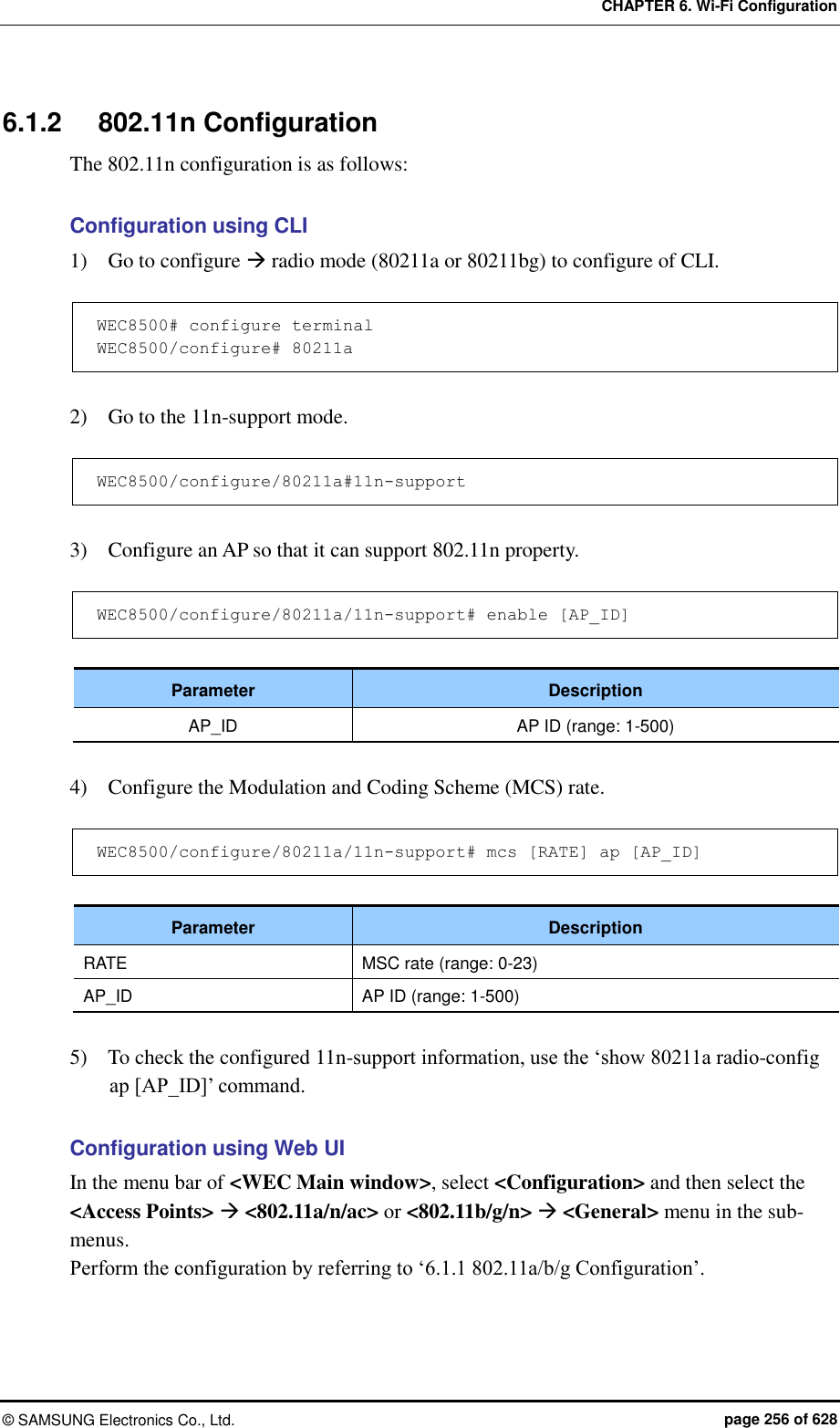 CHAPTER 6. Wi-Fi Configuration ©  SAMSUNG Electronics Co., Ltd.  page 256 of 628 6.1.2  802.11n Configuration The 802.11n configuration is as follows:  Configuration using CLI 1)    Go to configure  radio mode (80211a or 80211bg) to configure of CLI.  WEC8500# configure terminal WEC8500/configure# 80211a  2)    Go to the 11n-support mode.  WEC8500/configure/80211a#11n-support  3)    Configure an AP so that it can support 802.11n property.  WEC8500/configure/80211a/11n-support# enable [AP_ID]  Parameter Description AP_ID AP ID (range: 1-500)  4)    Configure the Modulation and Coding Scheme (MCS) rate.  WEC8500/configure/80211a/11n-support# mcs [RATE] ap [AP_ID]  Parameter Description RATE MSC rate (range: 0-23) AP_ID AP ID (range: 1-500)  5)    To check the configured 11n-support information, use the ‘show 80211a radio-config ap [AP_ID]’ command.  Configuration using Web UI In the menu bar of &lt;WEC Main window&gt;, select &lt;Configuration&gt; and then select the &lt;Access Points&gt;  &lt;802.11a/n/ac&gt; or &lt;802.11b/g/n&gt;  &lt;General&gt; menu in the sub-menus. Perform the configuration by referring to ‘6.1.1 802.11a/b/g Configuration’.  