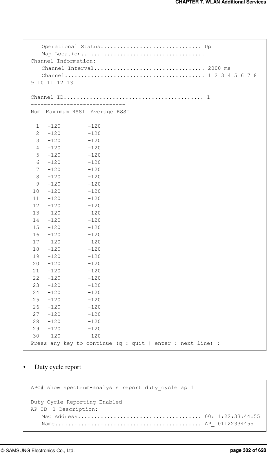 CHAPTER 7. WLAN Additional Services ©  SAMSUNG Electronics Co., Ltd.  page 302 of 628      Operational Status............................... Up     Map Location......................................  Channel Information:     Channel Interval.................................. 2000 ms     Channel........................................... 1 2 3 4 5 6 7 8 9 10 11 12 13  Channel ID........................................... 1 ----------------------------- Num  Maximum RSSI  Average RSSI --- ------------ ------------   1   -120          -120   2   -120          -120   3   -120          -120   4   -120          -120   5   -120          -120   6   -120          -120   7   -120          -120   8   -120          -120   9   -120          -120  10   -120          -120  11   -120          -120  12   -120          -120  13   -120          -120  14   -120          -120  15   -120          -120  16   -120          -120  17   -120          -120  18   -120          -120  19   -120          -120  20   -120          -120  21   -120          -120  22   -120          -120  23   -120          -120  24   -120          -120  25   -120          -120  26   -120          -120  27   -120          -120  28   -120          -120  29   -120          -120  30   -120          -120 Press any key to continue (q : quit | enter : next line) :   Duty cycle report  APC# show spectrum-analysis report duty_cycle ap 1  Duty Cycle Reporting Enabled AP ID  1 Description:     MAC Address...................................... 00:11:22:33:44:55     Name............................................. AP_ 01122334455 