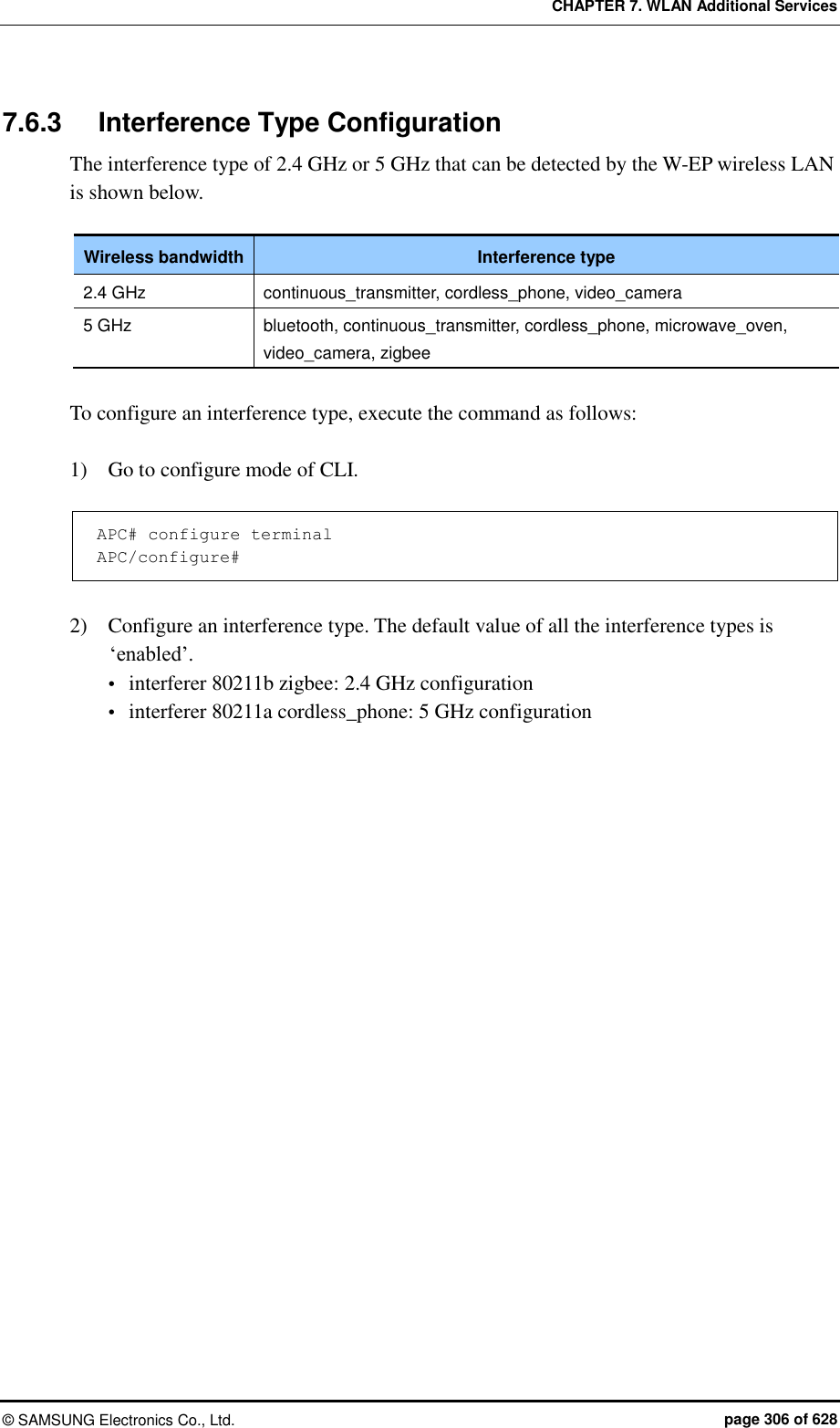 CHAPTER 7. WLAN Additional Services ©  SAMSUNG Electronics Co., Ltd.  page 306 of 628 7.6.3  Interference Type Configuration The interference type of 2.4 GHz or 5 GHz that can be detected by the W-EP wireless LAN is shown below.  Wireless bandwidth Interference type 2.4 GHz continuous_transmitter, cordless_phone, video_camera 5 GHz bluetooth, continuous_transmitter, cordless_phone, microwave_oven, video_camera, zigbee  To configure an interference type, execute the command as follows:  1)    Go to configure mode of CLI.  APC# configure terminal APC/configure#  2)    Configure an interference type. The default value of all the interference types is ‘enabled’.  interferer 80211b zigbee: 2.4 GHz configuration  interferer 80211a cordless_phone: 5 GHz configuration   
