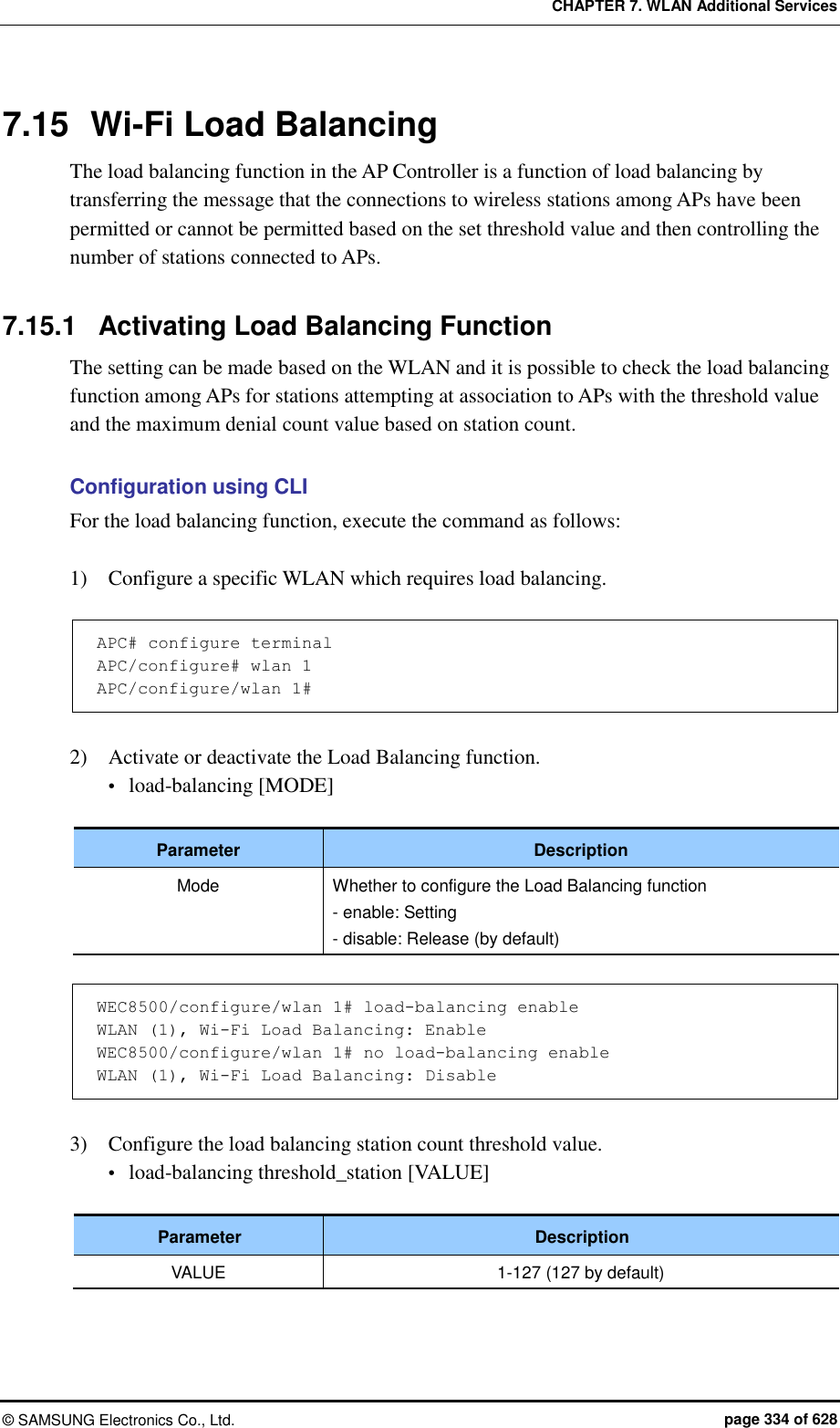 CHAPTER 7. WLAN Additional Services ©  SAMSUNG Electronics Co., Ltd.  page 334 of 628 7.15  Wi-Fi Load Balancing The load balancing function in the AP Controller is a function of load balancing by transferring the message that the connections to wireless stations among APs have been permitted or cannot be permitted based on the set threshold value and then controlling the number of stations connected to APs.  7.15.1  Activating Load Balancing Function The setting can be made based on the WLAN and it is possible to check the load balancing function among APs for stations attempting at association to APs with the threshold value and the maximum denial count value based on station count.  Configuration using CLI For the load balancing function, execute the command as follows:  1)    Configure a specific WLAN which requires load balancing.  APC# configure terminal APC/configure# wlan 1 APC/configure/wlan 1#  2)    Activate or deactivate the Load Balancing function.  load-balancing [MODE]  Parameter Description Mode Whether to configure the Load Balancing function - enable: Setting - disable: Release (by default)  WEC8500/configure/wlan 1# load-balancing enable WLAN (1), Wi-Fi Load Balancing: Enable WEC8500/configure/wlan 1# no load-balancing enable WLAN (1), Wi-Fi Load Balancing: Disable  3)    Configure the load balancing station count threshold value.  load-balancing threshold_station [VALUE]  Parameter Description VALUE 1-127 (127 by default)  