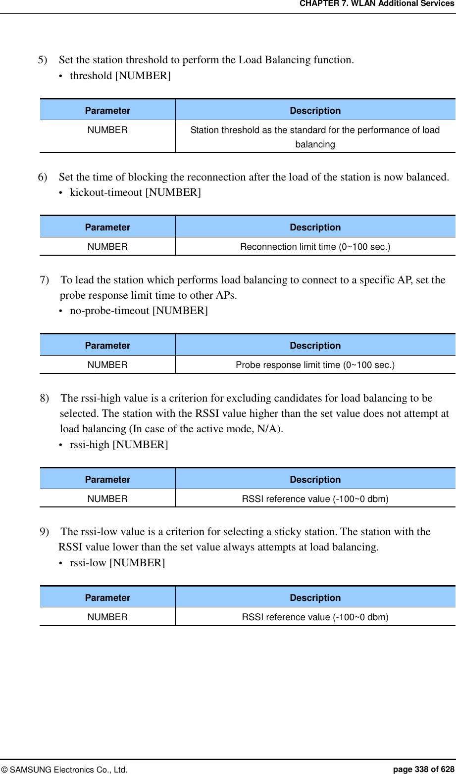 CHAPTER 7. WLAN Additional Services ©  SAMSUNG Electronics Co., Ltd.  page 338 of 628 5)    Set the station threshold to perform the Load Balancing function.  threshold [NUMBER]  Parameter Description NUMBER Station threshold as the standard for the performance of load balancing  6)    Set the time of blocking the reconnection after the load of the station is now balanced.  kickout-timeout [NUMBER]  Parameter Description NUMBER Reconnection limit time (0~100 sec.)  7)    To lead the station which performs load balancing to connect to a specific AP, set the probe response limit time to other APs.  no-probe-timeout [NUMBER]  Parameter Description NUMBER Probe response limit time (0~100 sec.)  8)    The rssi-high value is a criterion for excluding candidates for load balancing to be selected. The station with the RSSI value higher than the set value does not attempt at load balancing (In case of the active mode, N/A).  rssi-high [NUMBER]  Parameter Description NUMBER RSSI reference value (-100~0 dbm)  9)    The rssi-low value is a criterion for selecting a sticky station. The station with the RSSI value lower than the set value always attempts at load balancing.  rssi-low [NUMBER]  Parameter Description NUMBER RSSI reference value (-100~0 dbm)  