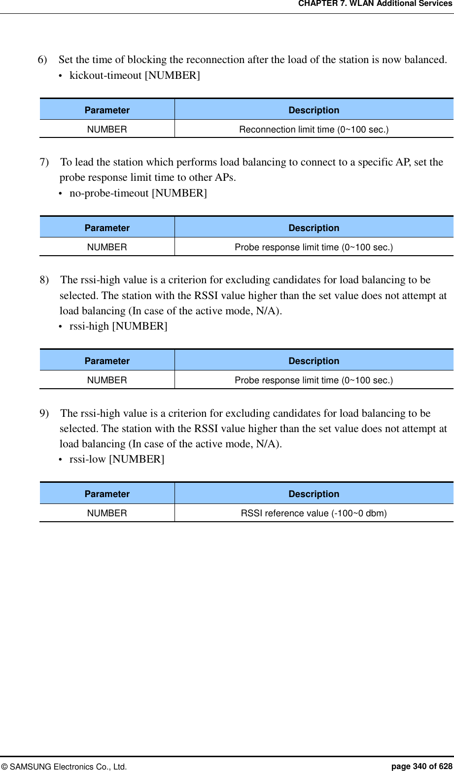 CHAPTER 7. WLAN Additional Services ©  SAMSUNG Electronics Co., Ltd.  page 340 of 628 6)    Set the time of blocking the reconnection after the load of the station is now balanced.  kickout-timeout [NUMBER]  Parameter Description NUMBER Reconnection limit time (0~100 sec.)  7)    To lead the station which performs load balancing to connect to a specific AP, set the probe response limit time to other APs.  no-probe-timeout [NUMBER]  Parameter Description NUMBER Probe response limit time (0~100 sec.)  8)    The rssi-high value is a criterion for excluding candidates for load balancing to be selected. The station with the RSSI value higher than the set value does not attempt at load balancing (In case of the active mode, N/A).  rssi-high [NUMBER]  Parameter Description NUMBER Probe response limit time (0~100 sec.)  9)    The rssi-high value is a criterion for excluding candidates for load balancing to be selected. The station with the RSSI value higher than the set value does not attempt at load balancing (In case of the active mode, N/A).  rssi-low [NUMBER]  Parameter Description NUMBER RSSI reference value (-100~0 dbm)  