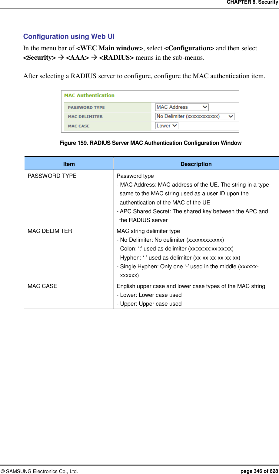 CHAPTER 8. Security ©  SAMSUNG Electronics Co., Ltd.  page 346 of 628 Configuration using Web UI In the menu bar of &lt;WEC Main window&gt;, select &lt;Configuration&gt; and then select &lt;Security&gt;  &lt;AAA&gt;  &lt;RADIUS&gt; menus in the sub-menus.  After selecting a RADIUS server to configure, configure the MAC authentication item.  Figure 159. RADIUS Server MAC Authentication Configuration Window  Item Description PASSWORD TYPE Password type - MAC Address: MAC address of the UE. The string in a type same to the MAC string used as a user ID upon the authentication of the MAC of the UE - APC Shared Secret: The shared key between the APC and the RADIUS server MAC DELIMITER MAC string delimiter type - No Delimiter: No delimiter (xxxxxxxxxxxx) - Colon: ‘:’ used as delimiter (xx:xx:xx:xx:xx:xx) - Hyphen: ‘-’ used as delimiter (xx-xx-xx-xx-xx-xx) - Single Hyphen: Only one ‘-’ used in the middle (xxxxxx-xxxxxx) MAC CASE English upper case and lower case types of the MAC string - Lower: Lower case used - Upper: Upper case used   
