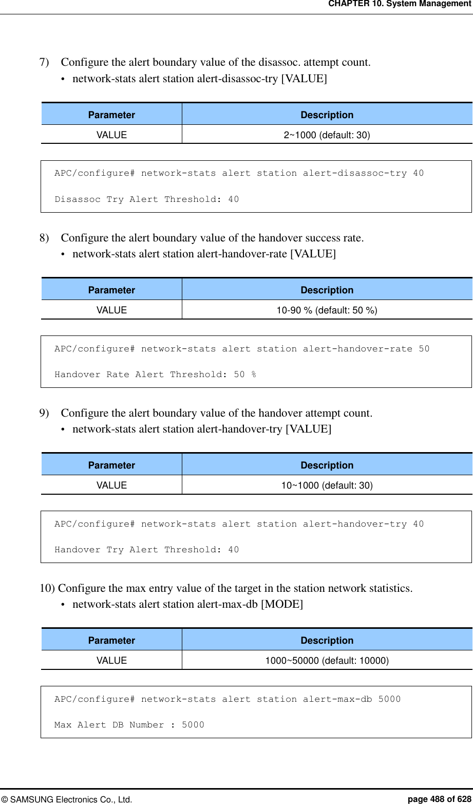 CHAPTER 10. System Management ©  SAMSUNG Electronics Co., Ltd.  page 488 of 628 7)    Configure the alert boundary value of the disassoc. attempt count.  network-stats alert station alert-disassoc-try [VALUE]  Parameter Description VALUE 2~1000 (default: 30)  APC/configure# network-stats alert station alert-disassoc-try 40  Disassoc Try Alert Threshold: 40  8)    Configure the alert boundary value of the handover success rate.  network-stats alert station alert-handover-rate [VALUE]  Parameter Description VALUE 10-90 % (default: 50 %)  APC/configure# network-stats alert station alert-handover-rate 50  Handover Rate Alert Threshold: 50 %  9)    Configure the alert boundary value of the handover attempt count.  network-stats alert station alert-handover-try [VALUE]  Parameter Description VALUE 10~1000 (default: 30)  APC/configure# network-stats alert station alert-handover-try 40  Handover Try Alert Threshold: 40  10) Configure the max entry value of the target in the station network statistics.  network-stats alert station alert-max-db [MODE]  Parameter Description VALUE 1000~50000 (default: 10000)  APC/configure# network-stats alert station alert-max-db 5000  Max Alert DB Number : 5000 
