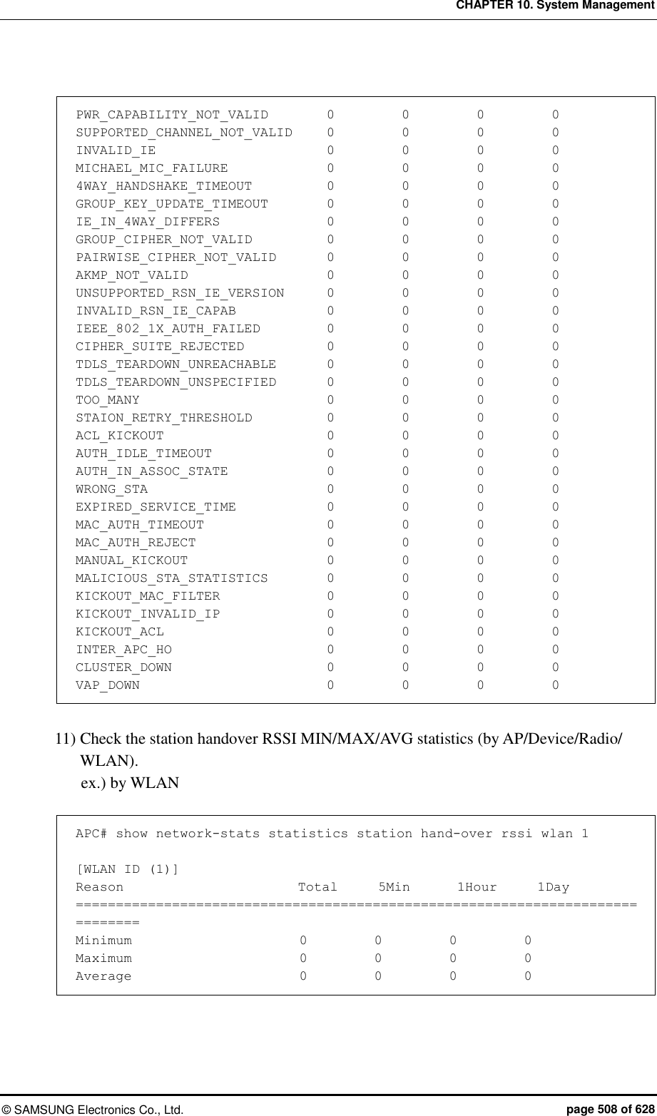 CHAPTER 10. System Management ©  SAMSUNG Electronics Co., Ltd.  page 508 of 628  PWR_CAPABILITY_NOT_VALID         0          0          0          0 SUPPORTED_CHANNEL_NOT_VALID     0          0          0          0 INVALID_IE                        0          0          0          0 MICHAEL_MIC_FAILURE               0          0          0          0 4WAY_HANDSHAKE_TIMEOUT           0          0          0          0 GROUP_KEY_UPDATE_TIMEOUT         0          0          0          0 IE_IN_4WAY_DIFFERS                0          0          0          0 GROUP_CIPHER_NOT_VALID           0          0          0          0 PAIRWISE_CIPHER_NOT_VALID        0          0          0          0 AKMP_NOT_VALID                    0          0          0          0 UNSUPPORTED_RSN_IE_VERSION      0          0          0          0 INVALID_RSN_IE_CAPAB              0          0          0          0 IEEE_802_1X_AUTH_FAILED          0          0          0          0 CIPHER_SUITE_REJECTED            0          0          0          0 TDLS_TEARDOWN_UNREACHABLE        0          0          0          0 TDLS_TEARDOWN_UNSPECIFIED        0          0          0          0 TOO_MANY                          0          0          0          0 STAION_RETRY_THRESHOLD           0          0          0          0 ACL_KICKOUT                       0          0          0          0 AUTH_IDLE_TIMEOUT                 0          0          0          0 AUTH_IN_ASSOC_STATE               0          0          0          0 WRONG_STA                         0          0          0          0 EXPIRED_SERVICE_TIME              0          0          0          0 MAC_AUTH_TIMEOUT                  0          0          0          0 MAC_AUTH_REJECT                   0          0          0          0 MANUAL_KICKOUT                    0          0          0          0 MALICIOUS_STA_STATISTICS         0          0          0          0 KICKOUT_MAC_FILTER                0          0          0          0 KICKOUT_INVALID_IP                0          0          0          0 KICKOUT_ACL                       0          0          0          0 INTER_APC_HO                      0          0          0          0 CLUSTER_DOWN                      0          0          0          0 VAP_DOWN                          0          0          0          0  11) Check the station handover RSSI MIN/MAX/AVG statistics (by AP/Device/Radio/ WLAN). ex.) by WLAN  APC# show network-stats statistics station hand-over rssi wlan 1  [WLAN ID (1)] Reason                          Total      5Min       1Hour      1Day ============================================================================== Minimum                         0          0          0          0 Maximum                         0          0          0          0 Average                         0          0          0          0  