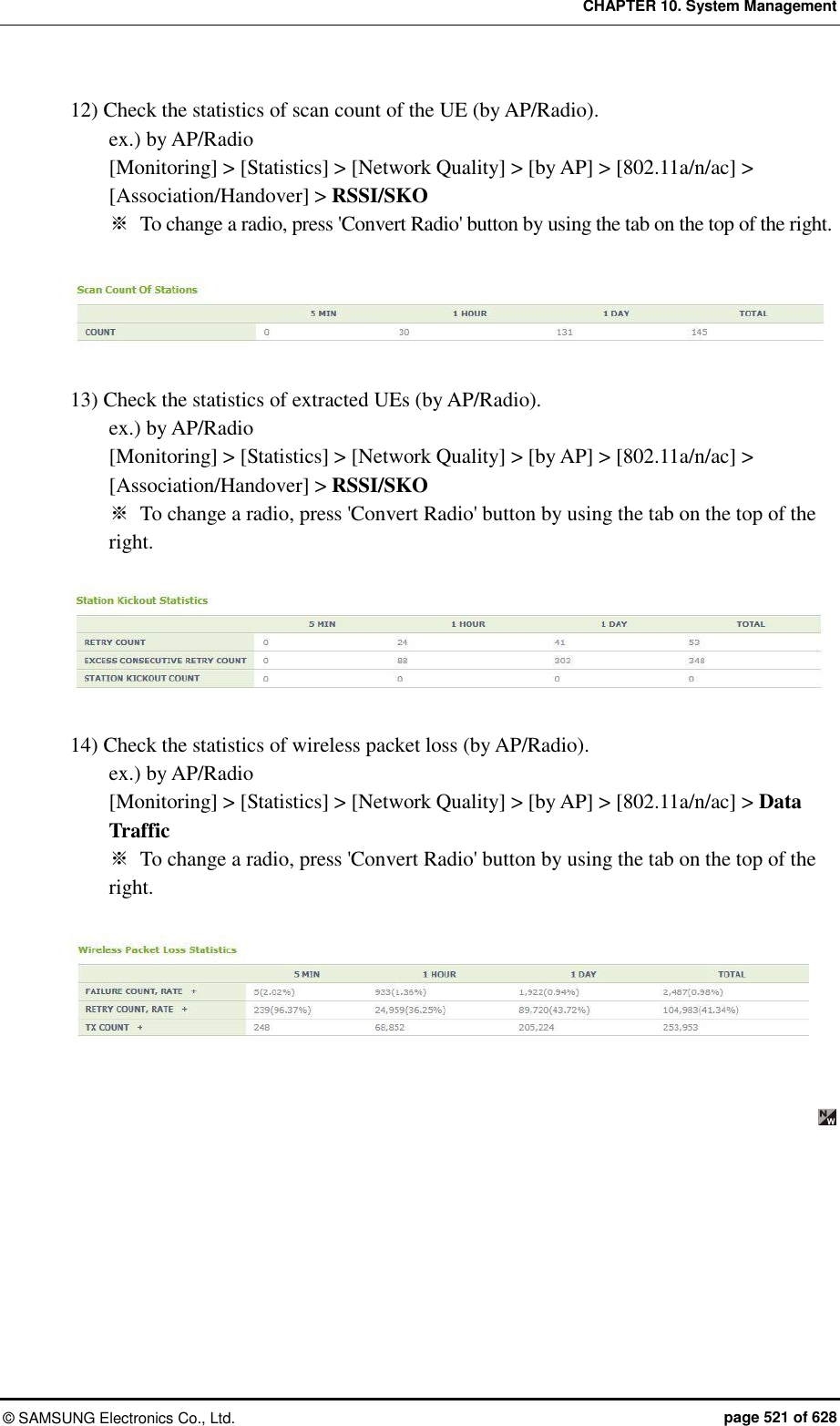 CHAPTER 10. System Management ©  SAMSUNG Electronics Co., Ltd.  page 521 of 628 12) Check the statistics of scan count of the UE (by AP/Radio). ex.) by AP/Radio [Monitoring] &gt; [Statistics] &gt; [Network Quality] &gt; [by AP] &gt; [802.11a/n/ac] &gt; [Association/Handover] &gt; RSSI/SKO ※  To change a radio, press &apos;Convert Radio&apos; button by using the tab on the top of the right.   13) Check the statistics of extracted UEs (by AP/Radio). ex.) by AP/Radio [Monitoring] &gt; [Statistics] &gt; [Network Quality] &gt; [by AP] &gt; [802.11a/n/ac] &gt; [Association/Handover] &gt; RSSI/SKO ※  To change a radio, press &apos;Convert Radio&apos; button by using the tab on the top of the right.   14) Check the statistics of wireless packet loss (by AP/Radio). ex.) by AP/Radio [Monitoring] &gt; [Statistics] &gt; [Network Quality] &gt; [by AP] &gt; [802.11a/n/ac] &gt; Data Traffic ※  To change a radio, press &apos;Convert Radio&apos; button by using the tab on the top of the right.      