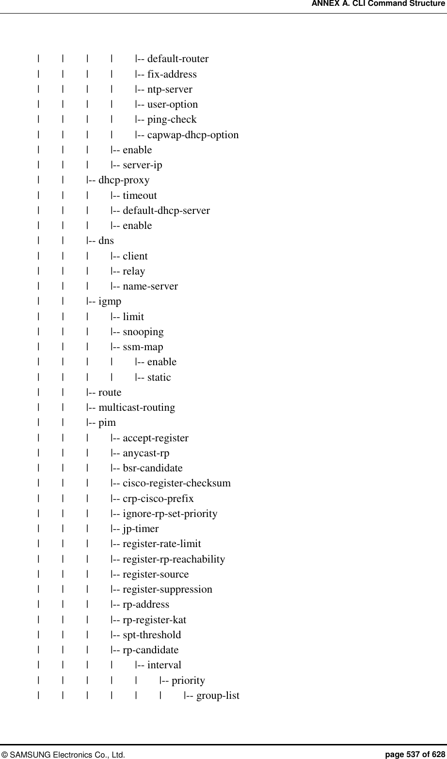 ANNEX A. CLI Command Structure ©  SAMSUNG Electronics Co., Ltd.  page 537 of 628 |        |     |    |    |-- default-router |    |    |    |    |-- fix-address |    |    |    |    |-- ntp-server |    |    |    |    |-- user-option |    |    |    |    |-- ping-check |    |    |    |    |-- capwap-dhcp-option |    |    |    |-- enable |    |    |    |-- server-ip |    |    |-- dhcp-proxy |    |    |    |-- timeout |    |    |    |-- default-dhcp-server |    |    |    |-- enable |    |    |-- dns |    |    |    |-- client |    |    |    |-- relay |    |    |    |-- name-server |    |    |-- igmp |    |    |    |-- limit |    |    |    |-- snooping |    |    |    |-- ssm-map |    |    |    |    |-- enable |    |    |    |    |-- static |    |    |-- route |    |    |-- multicast-routing |    |    |-- pim |    |    |    |-- accept-register |    |    |    |-- anycast-rp |    |    |    |-- bsr-candidate |    |    |    |-- cisco-register-checksum |    |    |    |-- crp-cisco-prefix |    |    |    |-- ignore-rp-set-priority |    |    |    |-- jp-timer |    |    |    |-- register-rate-limit |    |    |    |-- register-rp-reachability |    |    |    |-- register-source |    |    |    |-- register-suppression |    |    |    |-- rp-address |    |    |    |-- rp-register-kat |    |    |    |-- spt-threshold |    |    |    |-- rp-candidate |    |    |    |    |-- interval |    |    |    |    |    |-- priority |    |    |    |    |    |    |-- group-list 