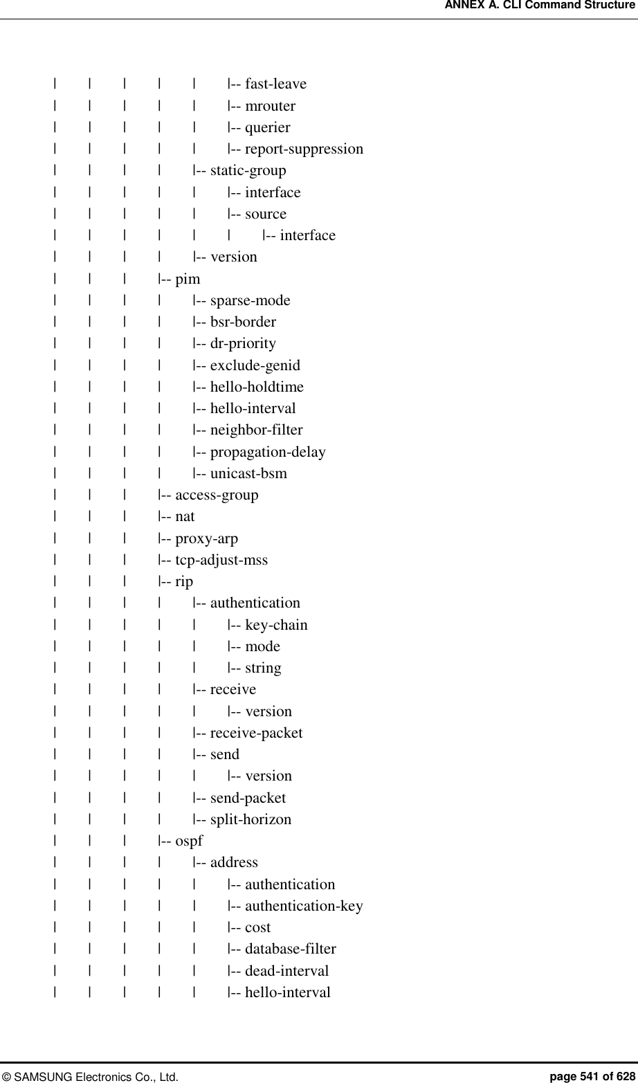 ANNEX A. CLI Command Structure ©  SAMSUNG Electronics Co., Ltd.  page 541 of 628 |    |    |    |    |    |-- fast-leave |    |    |    |    |    |-- mrouter |     |    |    |    |    |-- querier |    |    |    |    |    |-- report-suppression |    |    |    |    |-- static-group |    |    |    |    |    |-- interface |    |    |    |    |    |-- source |    |    |    |    |    |    |-- interface |    |    |    |    |-- version |    |    |    |-- pim |    |    |    |    |-- sparse-mode |    |    |    |    |-- bsr-border |    |    |    |    |-- dr-priority |    |    |    |    |-- exclude-genid |    |    |    |    |-- hello-holdtime |    |    |    |    |-- hello-interval |    |    |    |    |-- neighbor-filter |    |    |    |    |-- propagation-delay |    |    |    |    |-- unicast-bsm |    |    |    |-- access-group |    |    |    |-- nat |    |    |    |-- proxy-arp |    |    |    |-- tcp-adjust-mss |    |    |    |-- rip |    |    |    |    |-- authentication |    |    |    |    |    |-- key-chain |    |    |    |    |    |-- mode |    |    |    |    |    |-- string |    |    |    |    |-- receive |    |    |    |    |    |-- version |    |    |    |    |-- receive-packet |    |    |    |    |-- send |    |    |    |    |    |-- version |    |    |    |    |-- send-packet |    |    |    |    |-- split-horizon |    |    |    |-- ospf |    |    |    |    |-- address |    |    |    |    |    |-- authentication |        |      |    |    |    |-- authentication-key |    |    |    |    |    |-- cost |    |    |    |    |    |-- database-filter |    |    |    |    |    |-- dead-interval |    |    |    |    |    |-- hello-interval 