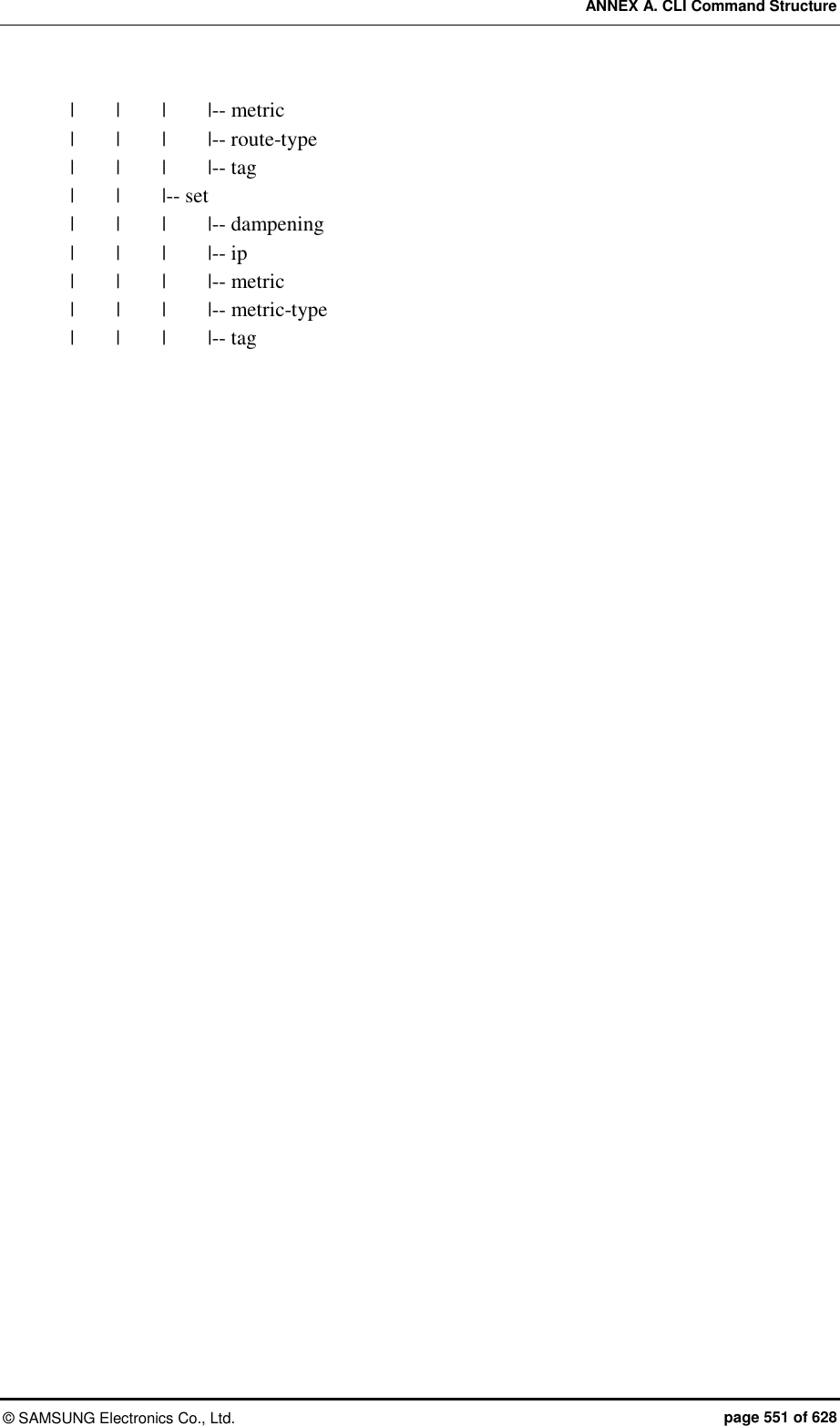 ANNEX A. CLI Command Structure ©  SAMSUNG Electronics Co., Ltd.  page 551 of 628 |    |    |    |-- metric |    |    |    |-- route-type |    |    |    |-- tag |    |    |-- set |    |    |    |-- dampening |    |    |    |-- ip |    |    |    |-- metric |    |    |    |-- metric-type |    |    |    |-- tag 