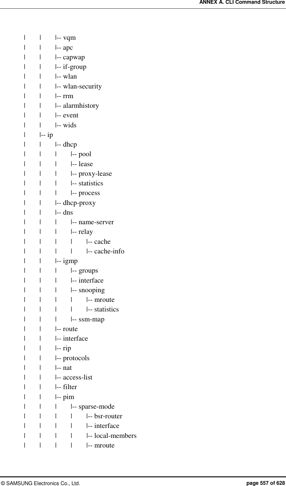ANNEX A. CLI Command Structure ©  SAMSUNG Electronics Co., Ltd.  page 557 of 628 |      |        |-- vqm |    |    |-- apc |    |    |-- capwap |    |    |-- if-group |    |    |-- wlan |    |    |-- wlan-security |    |    |-- rrm |    |    |-- alarmhistory |    |    |-- event |    |    |-- wids |        |-- ip |    |    |-- dhcp |        |        |        |-- pool |    |    |    |-- lease |    |    |    |-- proxy-lease |    |    |    |-- statistics |    |    |    |-- process |    |    |-- dhcp-proxy |    |    |-- dns |    |    |    |-- name-server |    |    |    |-- relay |    |    |    |    |-- cache |        |     |    |    |-- cache-info |    |    |-- igmp |    |    |    |-- groups |    |    |    |-- interface |    |    |    |-- snooping |    |    |    |    |-- mroute |    |    |    |    |-- statistics |    |    |    |-- ssm-map |    |    |-- route |    |    |-- interface |    |    |-- rip |    |    |-- protocols |    |    |-- nat |    |    |-- access-list |    |    |-- filter |    |    |-- pim |    |    |    |-- sparse-mode |    |    |    |    |-- bsr-router |    |    |    |    |-- interface |    |    |    |    |-- local-members |    |    |    |    |-- mroute 
