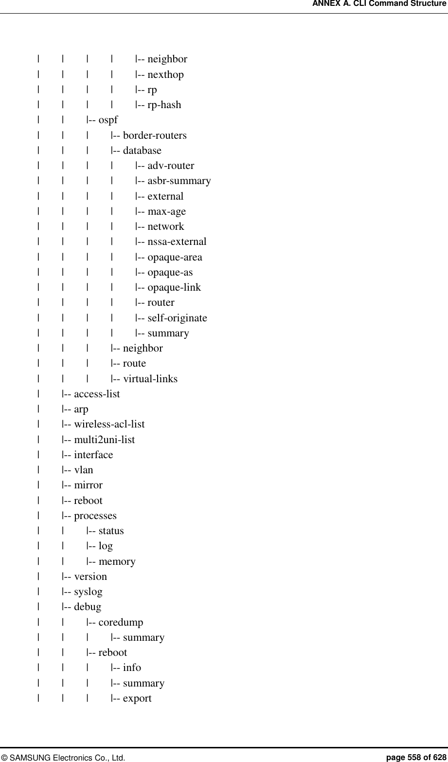 ANNEX A. CLI Command Structure ©  SAMSUNG Electronics Co., Ltd.  page 558 of 628 |    |    |    |    |-- neighbor |    |    |    |    |-- nexthop |    |    |    |    |-- rp |    |    |    |    |-- rp-hash |    |    |-- ospf |    |    |    |-- border-routers |    |    |    |-- database |    |    |    |    |-- adv-router |    |    |    |    |-- asbr-summary |    |    |    |    |-- external |    |    |    |    |-- max-age |    |    |    |    |-- network |    |    |    |    |-- nssa-external |    |    |    |    |-- opaque-area |    |    |    |    |-- opaque-as |    |    |    |    |-- opaque-link |    |    |    |    |-- router |    |    |    |    |-- self-originate |    |    |    |    |-- summary |    |    |    |-- neighbor |    |    |    |-- route |    |    |    |-- virtual-links |        |-- access-list |        |-- arp |        |-- wireless-acl-list |        |-- multi2uni-list |        |-- interface |        |-- vlan |        |-- mirror |        |-- reboot |        |-- processes |    |    |-- status |    |    |-- log |    |    |-- memory |        |-- version |        |-- syslog |        |-- debug |    |    |-- coredump |    |    |    |-- summary |    |    |-- reboot |    |    |    |-- info |    |    |    |-- summary |    |    |    |-- export 