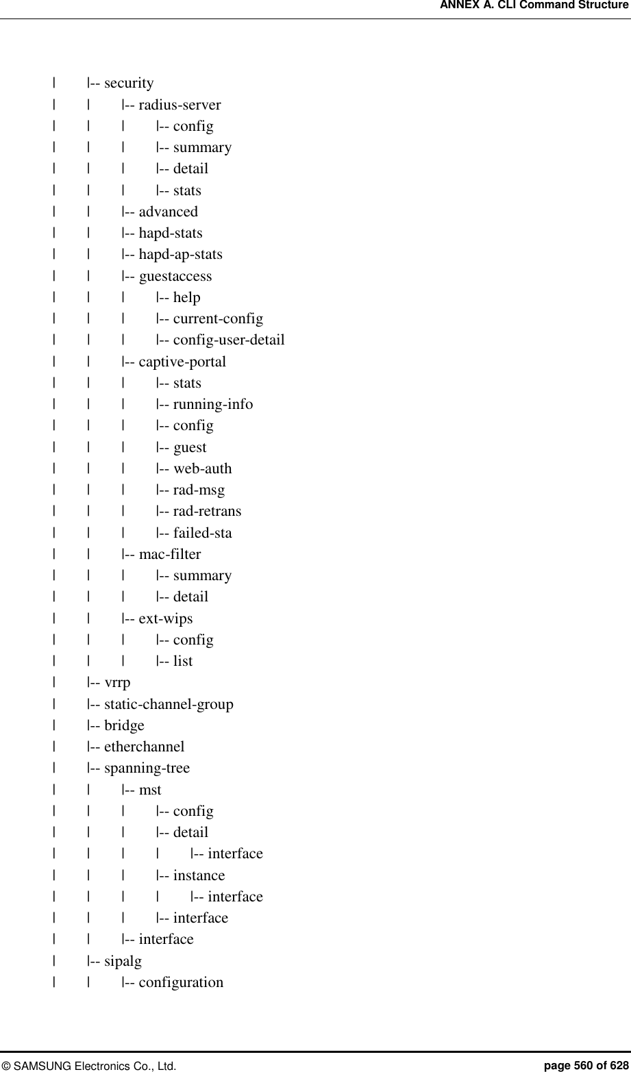 ANNEX A. CLI Command Structure ©  SAMSUNG Electronics Co., Ltd.  page 560 of 628 |        |-- security |    |    |-- radius-server |    |    |    |-- config |    |    |    |-- summary |    |    |    |-- detail |    |    |    |-- stats |    |    |-- advanced |    |    |-- hapd-stats |    |    |-- hapd-ap-stats |    |    |-- guestaccess |    |    |    |-- help |    |    |    |-- current-config |    |    |    |-- config-user-detail |    |    |-- captive-portal |    |    |    |-- stats |    |    |    |-- running-info |    |    |    |-- config |    |    |    |-- guest |    |    |    |-- web-auth |    |    |    |-- rad-msg |    |    |    |-- rad-retrans |    |    |    |-- failed-sta |    |    |-- mac-filter |    |    |    |-- summary |    |    |    |-- detail |    |    |-- ext-wips |    |    |    |-- config |    |    |    |-- list |        |-- vrrp |        |-- static-channel-group |        |-- bridge |        |-- etherchannel |        |-- spanning-tree |    |    |-- mst |    |    |    |-- config |    |    |    |-- detail |    |    |    |    |-- interface |    |    |    |-- instance |    |    |    |    |-- interface |    |    |    |-- interface |    |    |-- interface |        |-- sipalg |    |    |-- configuration 