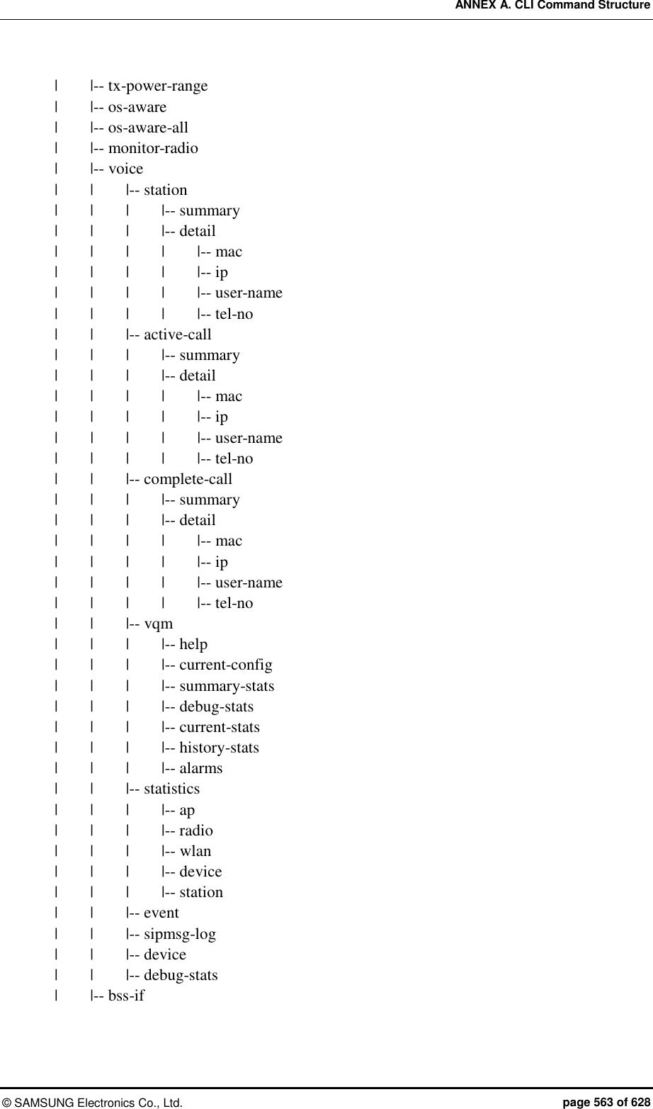 ANNEX A. CLI Command Structure ©  SAMSUNG Electronics Co., Ltd.  page 563 of 628 |        |-- tx-power-range |        |-- os-aware |        |-- os-aware-all |        |-- monitor-radio |        |-- voice |    |    |-- station |    |    |    |-- summary |    |    |    |-- detail |    |    |    |    |-- mac |    |    |    |    |-- ip |    |    |    |    |-- user-name |    |    |    |    |-- tel-no |    |    |-- active-call |    |    |    |-- summary |    |    |    |-- detail |    |    |    |    |-- mac |    |    |    |    |-- ip |    |    |    |    |-- user-name |    |    |    |    |-- tel-no |    |    |-- complete-call |    |    |    |-- summary |    |    |    |-- detail |    |    |    |    |-- mac |    |    |    |    |-- ip |    |    |    |    |-- user-name |        |        |        |        |-- tel-no |    |    |-- vqm |    |    |    |-- help |    |    |    |-- current-config |    |    |    |-- summary-stats |    |    |    |-- debug-stats |    |    |    |-- current-stats |    |    |    |-- history-stats |    |    |    |-- alarms |    |    |-- statistics |    |    |    |-- ap |    |    |    |-- radio |    |    |    |-- wlan |    |    |    |-- device |    |    |    |-- station |    |    |-- event |    |    |-- sipmsg-log |    |    |-- device |    |    |-- debug-stats |        |-- bss-if 