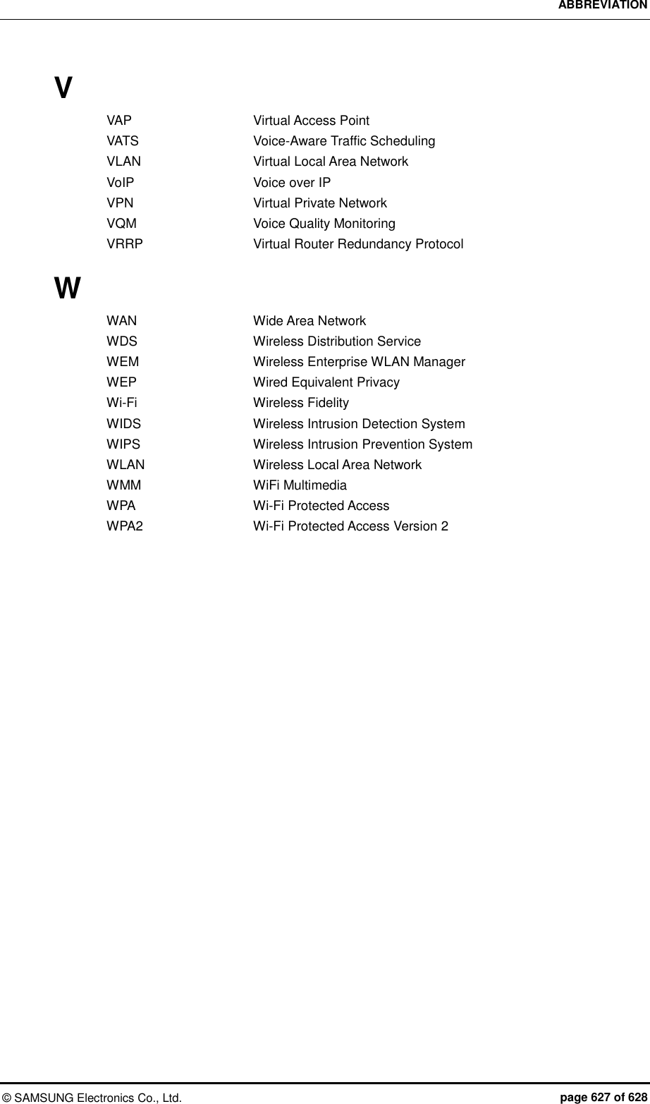 ABBREVIATION ©  SAMSUNG Electronics Co., Ltd.  page 627 of 628 V VAP    Virtual Access Point VATS    Voice-Aware Traffic Scheduling VLAN    Virtual Local Area Network VoIP    Voice over IP VPN    Virtual Private Network VQM    Voice Quality Monitoring VRRP    Virtual Router Redundancy Protocol  W WAN    Wide Area Network WDS    Wireless Distribution Service WEM    Wireless Enterprise WLAN Manager WEP    Wired Equivalent Privacy Wi-Fi    Wireless Fidelity WIDS    Wireless Intrusion Detection System WIPS    Wireless Intrusion Prevention System WLAN    Wireless Local Area Network WMM    WiFi Multimedia WPA    Wi-Fi Protected Access WPA2    Wi-Fi Protected Access Version 2    