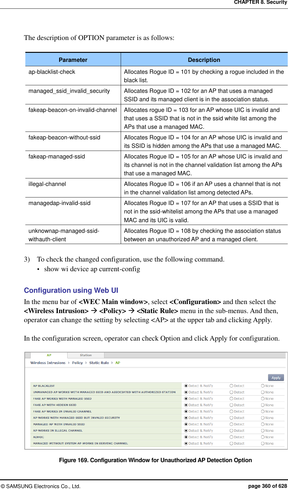 CHAPTER 8. Security ©  SAMSUNG Electronics Co., Ltd.  page 360 of 628 The description of OPTION parameter is as follows:  Parameter Description ap-blacklist-check Allocates Rogue ID = 101 by checking a rogue included in the black list. managed_ssid_invalid_security Allocates Rogue ID = 102 for an AP that uses a managed SSID and its managed client is in the association status. fakeap-beacon-on-invalid-channel Allocates rogue ID = 103 for an AP whose UIC is invalid and that uses a SSID that is not in the ssid white list among the APs that use a managed MAC. fakeap-beacon-without-ssid Allocates Rogue ID = 104 for an AP whose UIC is invalid and its SSID is hidden among the APs that use a managed MAC. fakeap-managed-ssid Allocates Rogue ID = 105 for an AP whose UIC is invalid and its channel is not in the channel validation list among the APs that use a managed MAC. illegal-channel Allocates Rogue ID = 106 if an AP uses a channel that is not in the channel validation list among detected APs. managedap-invalid-ssid Allocates Rogue ID = 107 for an AP that uses a SSID that is not in the ssid-whitelist among the APs that use a managed MAC and its UIC is valid. unknownap-managed-ssid-withauth-client Allocates Rogue ID = 108 by checking the association status between an unauthorized AP and a managed client.  3)    To check the changed configuration, use the following command.  show wi device ap current-config  Configuration using Web UI In the menu bar of &lt;WEC Main window&gt;, select &lt;Configuration&gt; and then select the &lt;Wireless Intrusion&gt;  &lt;Policy&gt;  &lt;Static Rule&gt; menu in the sub-menus. And then, operator can change the setting by selecting &lt;AP&gt; at the upper tab and clicking Apply.    In the configuration screen, operator can check Option and click Apply for configuration.  Figure 169. Configuration Window for Unauthorized AP Detection Option   