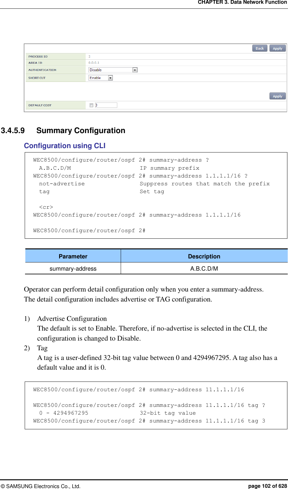 CHAPTER 3. Data Network Function ©  SAMSUNG Electronics Co., Ltd.  page 102 of 628   3.4.5.9  Summary Configuration Configuration using CLI WEC8500/configure/router/ospf 2# summary-address ?   A.B.C.D/M                        IP summary prefix WEC8500/configure/router/ospf 2# summary-address 1.1.1.1/16 ?   not-advertise                   Suppress routes that match the prefix   tag                               Set tag    &lt;cr&gt; WEC8500/configure/router/ospf 2# summary-address 1.1.1.1/16   WEC8500/configure/router/ospf 2#  Parameter Description summary-address A.B.C.D/M  Operator can perform detail configuration only when you enter a summary-address.   The detail configuration includes advertise or TAG configuration.    1)    Advertise Configuration The default is set to Enable. Therefore, if no-advertise is selected in the CLI, the configuration is changed to Disable. 2)    Tag A tag is a user-defined 32-bit tag value between 0 and 4294967295. A tag also has a default value and it is 0.    WEC8500/configure/router/ospf 2# summary-address 11.1.1.1/16   WEC8500/configure/router/ospf 2# summary-address 11.1.1.1/16 tag ?   0 - 4294967295                  32-bit tag value WEC8500/configure/router/ospf 2# summary-address 11.1.1.1/16 tag 3  