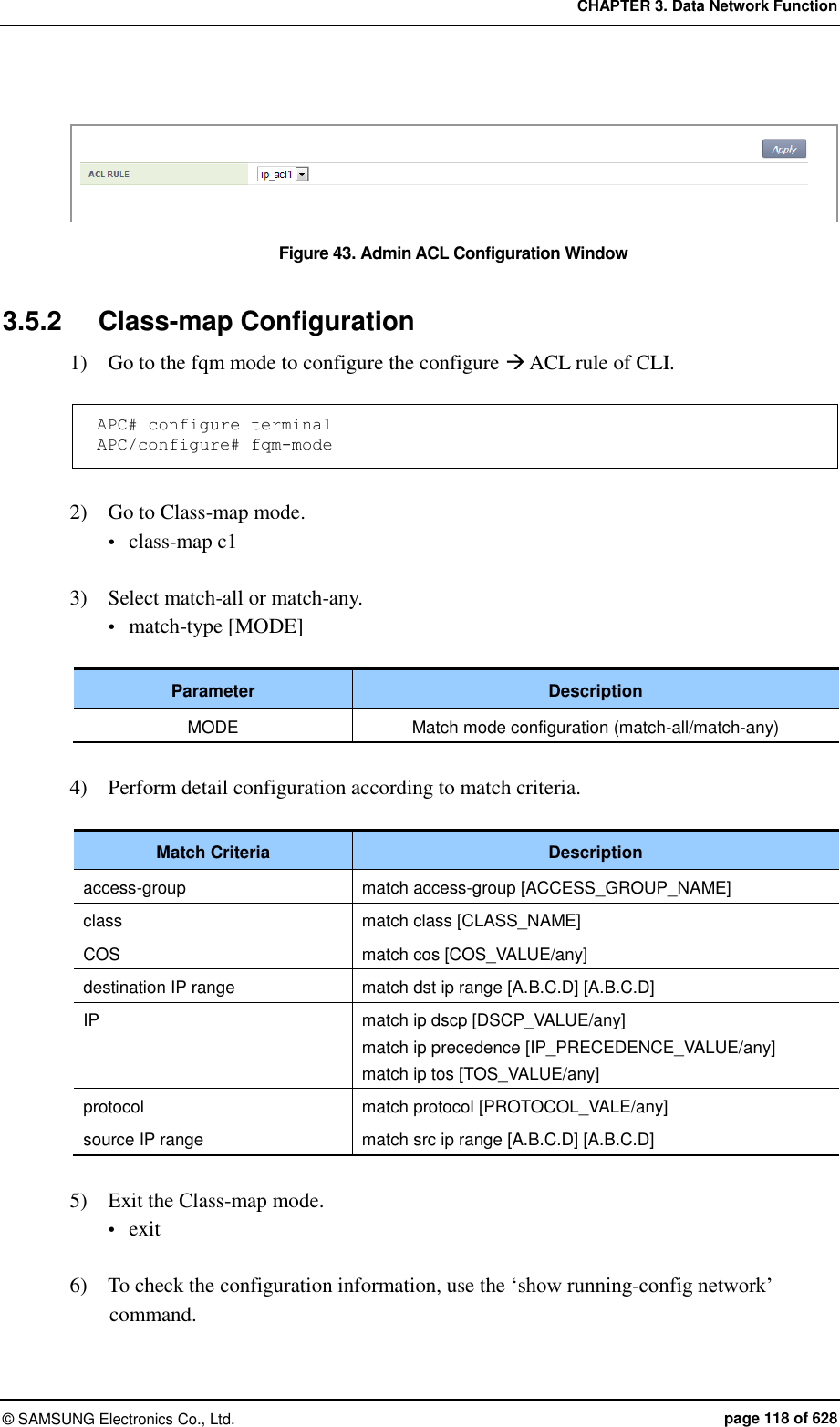 CHAPTER 3. Data Network Function ©  SAMSUNG Electronics Co., Ltd.  page 118 of 628  Figure 43. Admin ACL Configuration Window  3.5.2  Class-map Configuration 1)    Go to the fqm mode to configure the configure  ACL rule of CLI.  APC# configure terminal APC/configure# fqm-mode  2)    Go to Class-map mode.  class-map c1  3)    Select match-all or match-any.  match-type [MODE]  Parameter Description MODE Match mode configuration (match-all/match-any)  4)    Perform detail configuration according to match criteria.  Match Criteria Description access-group match access-group [ACCESS_GROUP_NAME] class match class [CLASS_NAME] COS   match cos [COS_VALUE/any] destination IP range match dst ip range [A.B.C.D] [A.B.C.D] IP match ip dscp [DSCP_VALUE/any] match ip precedence [IP_PRECEDENCE_VALUE/any] match ip tos [TOS_VALUE/any] protocol match protocol [PROTOCOL_VALE/any] source IP range match src ip range [A.B.C.D] [A.B.C.D]  5)    Exit the Class-map mode.  exit  6)    To check the configuration information, use the ‘show running-config network’ command.  