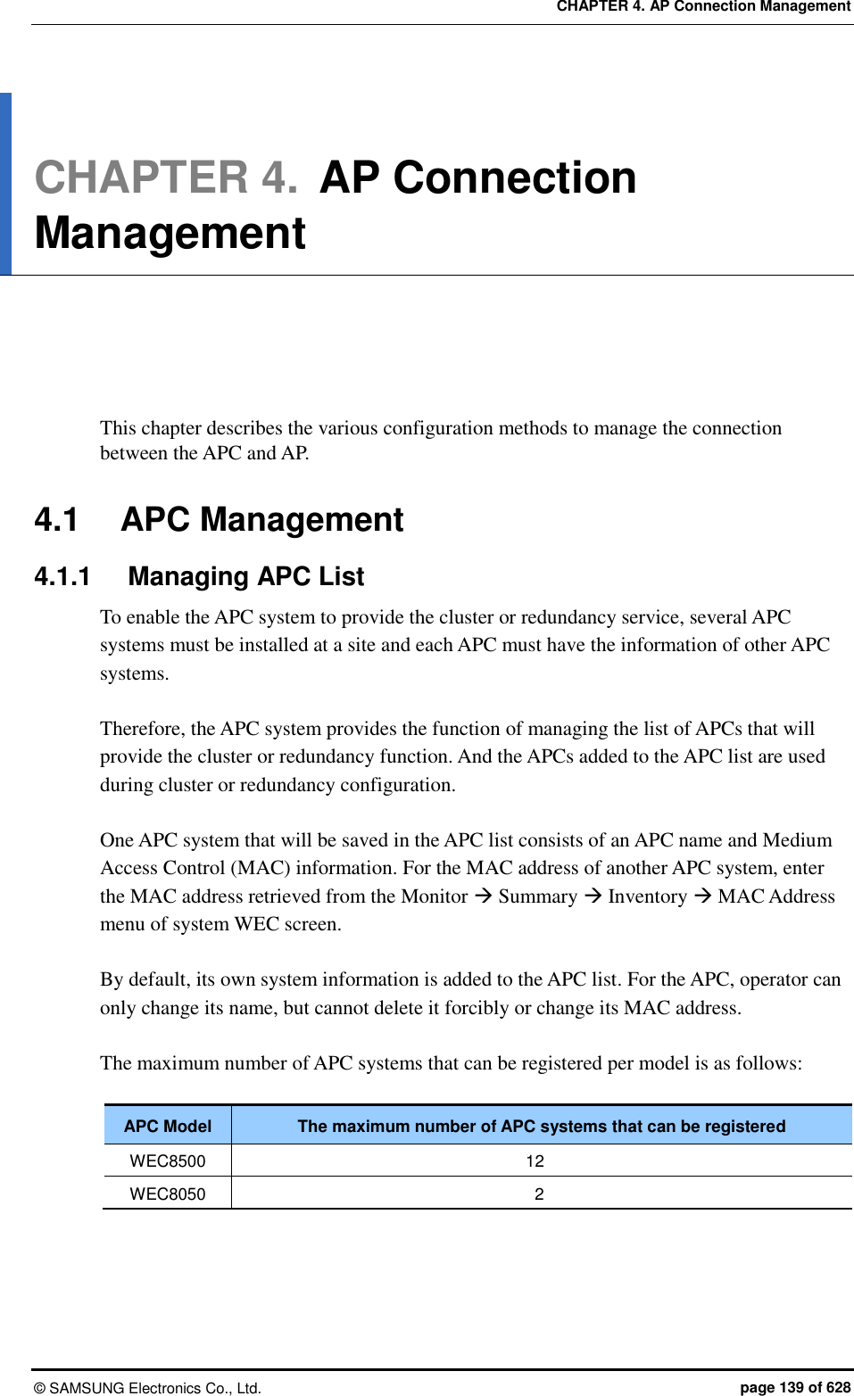CHAPTER 4. AP Connection Management ©  SAMSUNG Electronics Co., Ltd.  page 139 of 628 CHAPTER 4. AP Connection Management      This chapter describes the various configuration methods to manage the connection between the APC and AP.  4.1  APC Management 4.1.1  Managing APC List   To enable the APC system to provide the cluster or redundancy service, several APC systems must be installed at a site and each APC must have the information of other APC systems.    Therefore, the APC system provides the function of managing the list of APCs that will provide the cluster or redundancy function. And the APCs added to the APC list are used during cluster or redundancy configuration.  One APC system that will be saved in the APC list consists of an APC name and Medium Access Control (MAC) information. For the MAC address of another APC system, enter the MAC address retrieved from the Monitor  Summary  Inventory  MAC Address menu of system WEC screen.    By default, its own system information is added to the APC list. For the APC, operator can only change its name, but cannot delete it forcibly or change its MAC address.  The maximum number of APC systems that can be registered per model is as follows:  APC Model The maximum number of APC systems that can be registered WEC8500 12 WEC8050 2  