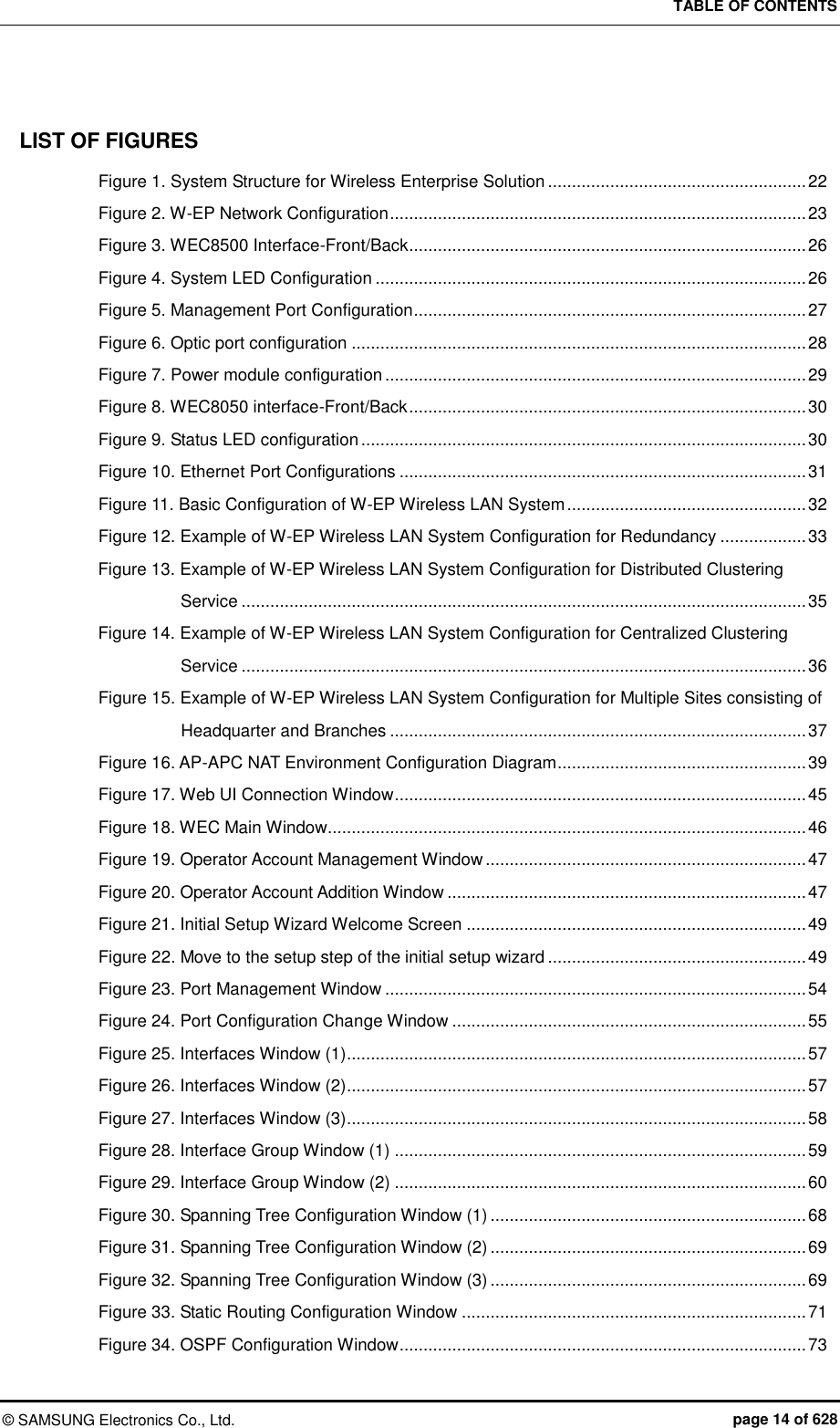TABLE OF CONTENTS ©  SAMSUNG Electronics Co., Ltd.  page 14 of 628 LIST OF FIGURES Figure 1. System Structure for Wireless Enterprise Solution ...................................................... 22 Figure 2. W-EP Network Configuration ....................................................................................... 23 Figure 3. WEC8500 Interface-Front/Back ................................................................................... 26 Figure 4. System LED Configuration .......................................................................................... 26 Figure 5. Management Port Configuration .................................................................................. 27 Figure 6. Optic port configuration ............................................................................................... 28 Figure 7. Power module configuration ........................................................................................ 29 Figure 8. WEC8050 interface-Front/Back ................................................................................... 30 Figure 9. Status LED configuration ............................................................................................. 30 Figure 10. Ethernet Port Configurations ..................................................................................... 31 Figure 11. Basic Configuration of W-EP Wireless LAN System .................................................. 32 Figure 12. Example of W-EP Wireless LAN System Configuration for Redundancy .................. 33 Figure 13. Example of W-EP Wireless LAN System Configuration for Distributed Clustering Service ...................................................................................................................... 35 Figure 14. Example of W-EP Wireless LAN System Configuration for Centralized Clustering Service ...................................................................................................................... 36 Figure 15. Example of W-EP Wireless LAN System Configuration for Multiple Sites consisting of Headquarter and Branches ....................................................................................... 37 Figure 16. AP-APC NAT Environment Configuration Diagram .................................................... 39 Figure 17. Web UI Connection Window ...................................................................................... 45 Figure 18. WEC Main Window .................................................................................................... 46 Figure 19. Operator Account Management Window ................................................................... 47 Figure 20. Operator Account Addition Window ........................................................................... 47 Figure 21. Initial Setup Wizard Welcome Screen ....................................................................... 49 Figure 22. Move to the setup step of the initial setup wizard ...................................................... 49 Figure 23. Port Management Window ........................................................................................ 54 Figure 24. Port Configuration Change Window .......................................................................... 55 Figure 25. Interfaces Window (1) ................................................................................................ 57 Figure 26. Interfaces Window (2) ................................................................................................ 57 Figure 27. Interfaces Window (3) ................................................................................................ 58 Figure 28. Interface Group Window (1) ...................................................................................... 59 Figure 29. Interface Group Window (2) ...................................................................................... 60 Figure 30. Spanning Tree Configuration Window (1) .................................................................. 68 Figure 31. Spanning Tree Configuration Window (2) .................................................................. 69 Figure 32. Spanning Tree Configuration Window (3) .................................................................. 69 Figure 33. Static Routing Configuration Window ........................................................................ 71 Figure 34. OSPF Configuration Window ..................................................................................... 73 