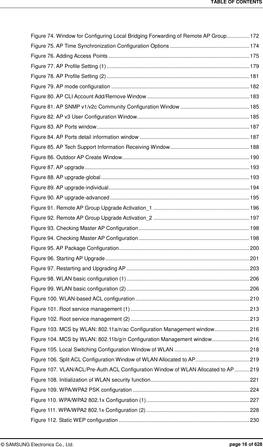TABLE OF CONTENTS ©  SAMSUNG Electronics Co., Ltd.  page 16 of 628 Figure 74. Window for Configuring Local Bridging Forwarding of Remote AP Group ............... 172 Figure 75. AP Time Synchronization Configuration Options ..................................................... 174 Figure 76. Adding Access Points .............................................................................................. 175 Figure 77. AP Profile Setting (1) ............................................................................................... 179 Figure 78. AP Profile Setting (2) ............................................................................................... 181 Figure 79. AP mode configuration ............................................................................................ 182 Figure 80. AP CLI Account Add/Remove Window .................................................................... 183 Figure 81. AP SNMP v1/v2c Community Configuration Window .............................................. 185 Figure 82. AP v3 User Configuration Window ........................................................................... 185 Figure 83. AP Ports window ...................................................................................................... 187 Figure 84. AP Ports detail information window ......................................................................... 187 Figure 85. AP Tech Support Information Receiving Window ..................................................... 188 Figure 86. Outdoor AP Create Window..................................................................................... 190 Figure 87. AP upgrade .............................................................................................................. 193 Figure 88. AP upgrade-global ................................................................................................... 193 Figure 89. AP upgrade-individual .............................................................................................. 194 Figure 90. AP upgrade-advanced ............................................................................................. 195 Figure 91. Remote AP Group Upgrade Activation_1 ................................................................ 196 Figure 92. Remote AP Group Upgrade Activation_2 ................................................................ 197 Figure 93. Checking Master AP Configuration .......................................................................... 198 Figure 94. Checking Master AP Configuration .......................................................................... 198 Figure 95. AP Package Configuration ....................................................................................... 200 Figure 96. Starting AP Upgrade ................................................................................................ 201 Figure 97. Restarting and Upgrading AP .................................................................................. 203 Figure 98. WLAN basic configuration (1) .................................................................................. 206 Figure 99. WLAN basic configuration (2) .................................................................................. 206 Figure 100. WLAN-based ACL configuration ............................................................................ 210 Figure 101. Root service management (1) ............................................................................... 213 Figure 102. Root service management (2) ............................................................................... 213 Figure 103. MCS by WLAN: 802.11a/n/ac Configuration Management window ....................... 216 Figure 104. MCS by WLAN: 802.11b/g/n Configuration Management window ......................... 216 Figure 105. Local Switching Configuration Window of WLAN .................................................. 218 Figure 106. Split ACL Configuration Window of WLAN Allocated to AP .................................... 219 Figure 107. VLAN/ACL/Pre-Auth.ACL Configuration Window of WLAN Allocated to AP .......... 219 Figure 108. Initialization of WLAN security function .................................................................. 221 Figure 109. WPA/WPA2 PSK configuration .............................................................................. 224 Figure 110. WPA/WPA2 802.1x Configuration (1) ..................................................................... 227 Figure 111. WPA/WPA2 802.1x Configuration (2) ..................................................................... 228 Figure 112. Static WEP configuration ....................................................................................... 230 