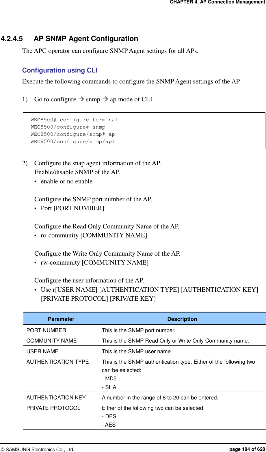 CHAPTER 4. AP Connection Management ©  SAMSUNG Electronics Co., Ltd.  page 184 of 628 4.2.4.5  AP SNMP Agent Configuration The APC operator can configure SNMP Agent settings for all APs.  Configuration using CLI Execute the following commands to configure the SNMP Agent settings of the AP.  1)    Go to configure  snmp  ap mode of CLI.  WEC8500# configure terminal WEC8500/configure# snmp WEC8500/configure/snmp# ap WEC8500/configure/snmp/ap#   2)    Configure the snap agent information of the AP. Enable/disable SNMP of the AP.  enable or no enable  Configure the SNMP port number of the AP.    Port [PORT NUMBER]  Configure the Read Only Community Name of the AP.  ro-community [COMMUNITY NAME]  Configure the Write Only Community Name of the AP.  rw-community [COMMUNITY NAME]  Configure the user information of the AP.    Use r[USER NAME] [AUTHENTICATION TYPE] [AUTHENTICATION KEY] [PRIVATE PROTOCOL] [PRIVATE KEY]  Parameter Description PORT NUMBER This is the SNMP port number. COMMUNITY NAME This is the SNMP Read Only or Write Only Community name. USER NAME This is the SNMP user name. AUTHENTICATION TYPE This is the SNMP authentication type. Either of the following two can be selected: - MD5 - SHA AUTHENTICATION KEY A number in the range of 8 to 20 can be entered. PRIVATE PROTOCOL Either of the following two can be selected: - DES - AES 