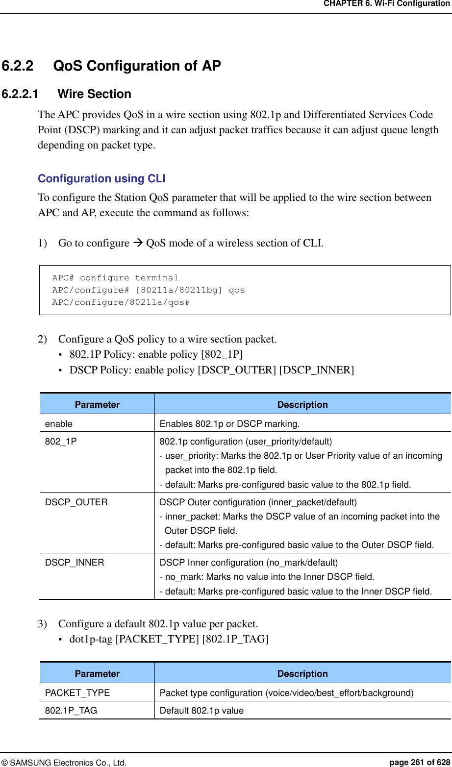 CHAPTER 6. Wi-Fi Configuration ©  SAMSUNG Electronics Co., Ltd.  page 261 of 628 6.2.2  QoS Configuration of AP 6.2.2.1  Wire Section The APC provides QoS in a wire section using 802.1p and Differentiated Services Code Point (DSCP) marking and it can adjust packet traffics because it can adjust queue length depending on packet type.    Configuration using CLI To configure the Station QoS parameter that will be applied to the wire section between APC and AP, execute the command as follows:  1)    Go to configure  QoS mode of a wireless section of CLI.    APC# configure terminal APC/configure# [80211a/80211bg] qos APC/configure/80211a/qos#  2)    Configure a QoS policy to a wire section packet.    802.1P Policy: enable policy [802_1P]  DSCP Policy: enable policy [DSCP_OUTER] [DSCP_INNER]  Parameter Description enable Enables 802.1p or DSCP marking. 802_1P 802.1p configuration (user_priority/default) - user_priority: Marks the 802.1p or User Priority value of an incoming packet into the 802.1p field. - default: Marks pre-configured basic value to the 802.1p field. DSCP_OUTER DSCP Outer configuration (inner_packet/default) - inner_packet: Marks the DSCP value of an incoming packet into the Outer DSCP field. - default: Marks pre-configured basic value to the Outer DSCP field. DSCP_INNER DSCP Inner configuration (no_mark/default) - no_mark: Marks no value into the Inner DSCP field. - default: Marks pre-configured basic value to the Inner DSCP field.  3)    Configure a default 802.1p value per packet.  dot1p-tag [PACKET_TYPE] [802.1P_TAG]  Parameter Description PACKET_TYPE Packet type configuration (voice/video/best_effort/background) 802.1P_TAG Default 802.1p value  