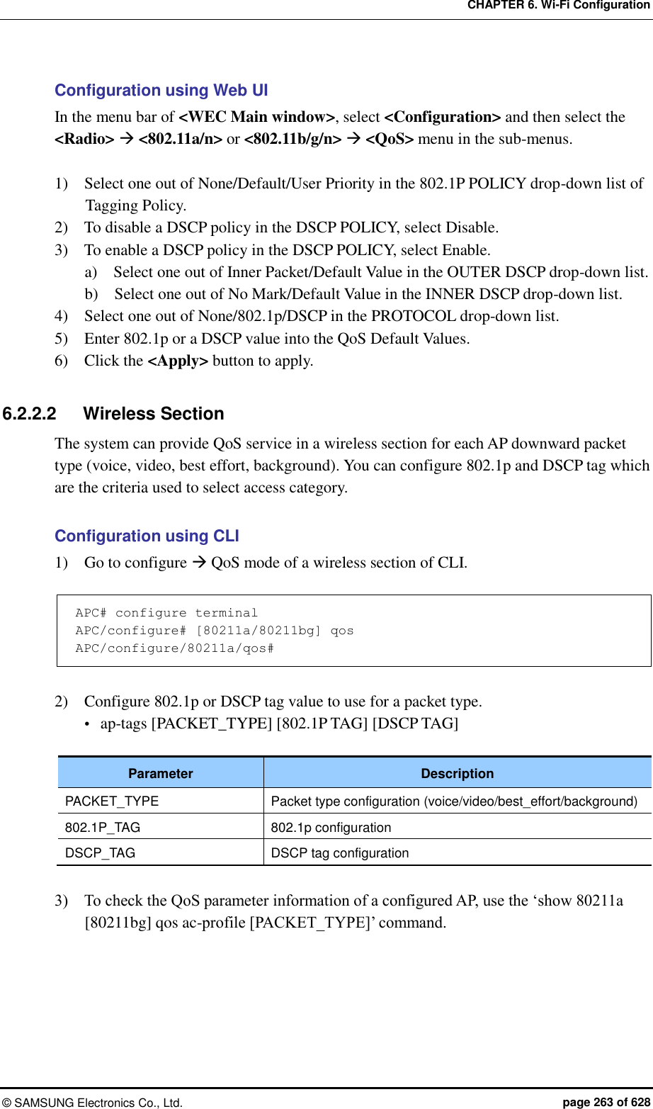 CHAPTER 6. Wi-Fi Configuration ©  SAMSUNG Electronics Co., Ltd.  page 263 of 628 Configuration using Web UI In the menu bar of &lt;WEC Main window&gt;, select &lt;Configuration&gt; and then select the &lt;Radio&gt;  &lt;802.11a/n&gt; or &lt;802.11b/g/n&gt;  &lt;QoS&gt; menu in the sub-menus.  1)    Select one out of None/Default/User Priority in the 802.1P POLICY drop-down list of Tagging Policy. 2)    To disable a DSCP policy in the DSCP POLICY, select Disable. 3)    To enable a DSCP policy in the DSCP POLICY, select Enable. a)    Select one out of Inner Packet/Default Value in the OUTER DSCP drop-down list. b)    Select one out of No Mark/Default Value in the INNER DSCP drop-down list. 4)    Select one out of None/802.1p/DSCP in the PROTOCOL drop-down list. 5)    Enter 802.1p or a DSCP value into the QoS Default Values. 6)    Click the &lt;Apply&gt; button to apply.  6.2.2.2  Wireless Section The system can provide QoS service in a wireless section for each AP downward packet type (voice, video, best effort, background). You can configure 802.1p and DSCP tag which are the criteria used to select access category.  Configuration using CLI 1)    Go to configure  QoS mode of a wireless section of CLI.    APC# configure terminal APC/configure# [80211a/80211bg] qos APC/configure/80211a/qos#  2)    Configure 802.1p or DSCP tag value to use for a packet type.  ap-tags [PACKET_TYPE] [802.1P TAG] [DSCP TAG]  Parameter Description PACKET_TYPE Packet type configuration (voice/video/best_effort/background) 802.1P_TAG 802.1p configuration DSCP_TAG DSCP tag configuration  3)    To check the QoS parameter information of a configured AP, use the ‘show 80211a [80211bg] qos ac-profile [PACKET_TYPE]’ command.  