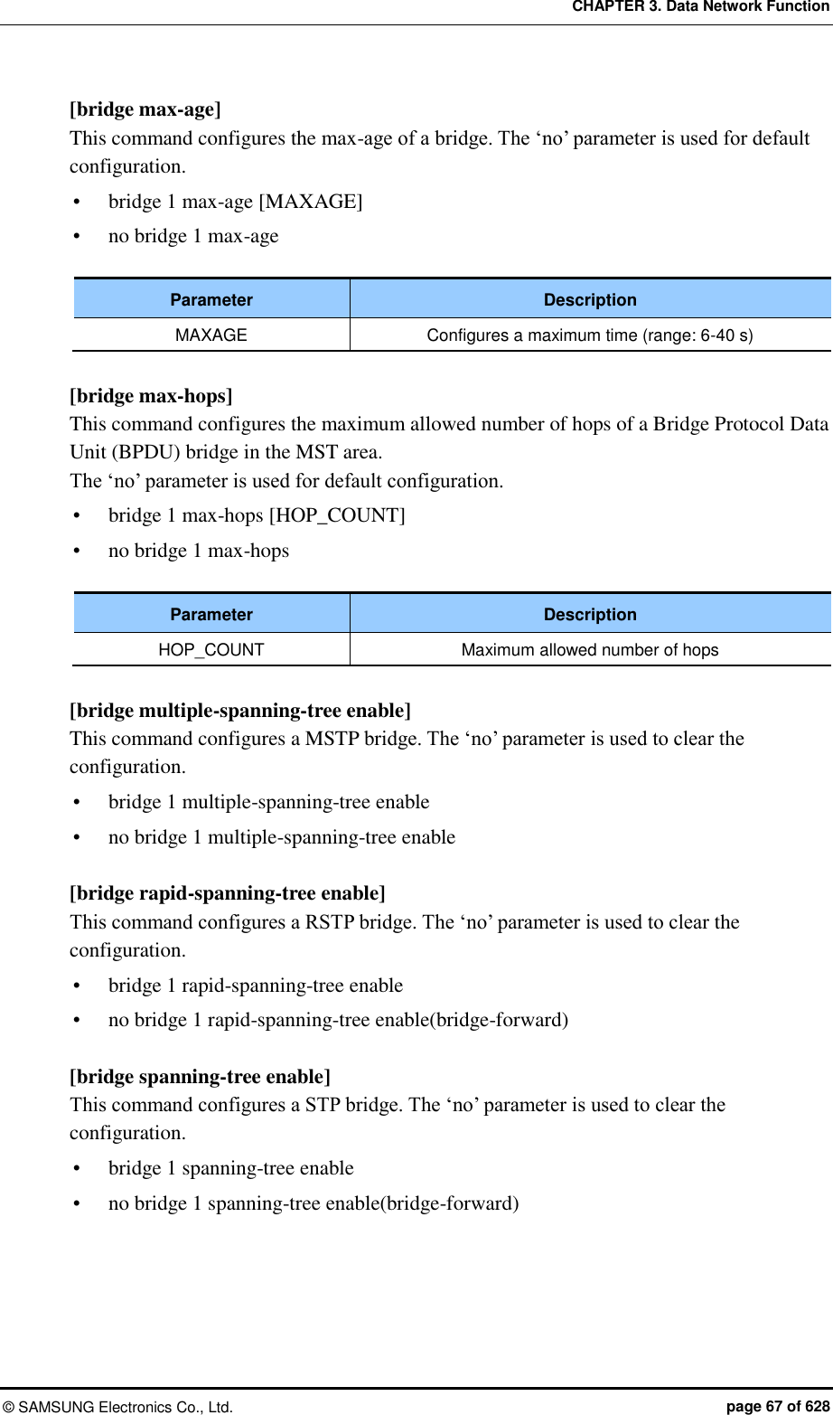 CHAPTER 3. Data Network Function ©  SAMSUNG Electronics Co., Ltd.  page 67 of 628 [bridge max-age] This command configures the max-age of a bridge. The ‘no’ parameter is used for default configuration.  bridge 1 max-age [MAXAGE]  no bridge 1 max-age  Parameter Description MAXAGE Configures a maximum time (range: 6-40 s)  [bridge max-hops] This command configures the maximum allowed number of hops of a Bridge Protocol Data Unit (BPDU) bridge in the MST area.   The ‘no’ parameter is used for default configuration.  bridge 1 max-hops [HOP_COUNT]  no bridge 1 max-hops  Parameter Description HOP_COUNT Maximum allowed number of hops  [bridge multiple-spanning-tree enable] This command configures a MSTP bridge. The ‘no’ parameter is used to clear the configuration.  bridge 1 multiple-spanning-tree enable  no bridge 1 multiple-spanning-tree enable  [bridge rapid-spanning-tree enable] This command configures a RSTP bridge. The ‘no’ parameter is used to clear the configuration.  bridge 1 rapid-spanning-tree enable    no bridge 1 rapid-spanning-tree enable(bridge-forward)  [bridge spanning-tree enable] This command configures a STP bridge. The ‘no’ parameter is used to clear the configuration.  bridge 1 spanning-tree enable    no bridge 1 spanning-tree enable(bridge-forward)  