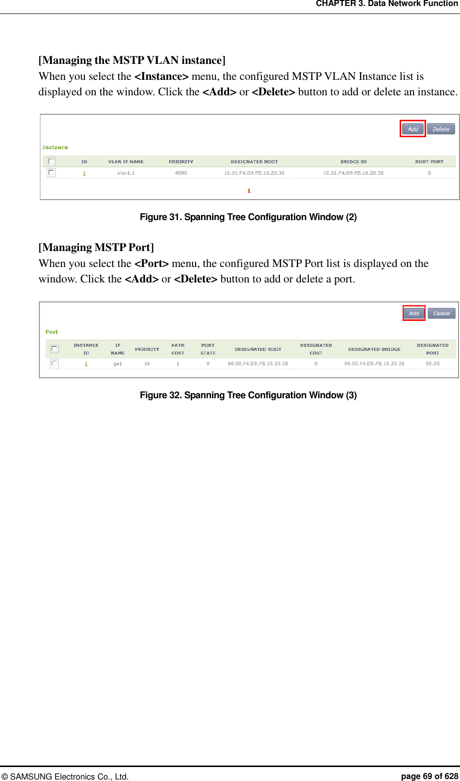 CHAPTER 3. Data Network Function ©  SAMSUNG Electronics Co., Ltd.  page 69 of 628 [Managing the MSTP VLAN instance] When you select the &lt;Instance&gt; menu, the configured MSTP VLAN Instance list is displayed on the window. Click the &lt;Add&gt; or &lt;Delete&gt; button to add or delete an instance.  Figure 31. Spanning Tree Configuration Window (2)  [Managing MSTP Port] When you select the &lt;Port&gt; menu, the configured MSTP Port list is displayed on the window. Click the &lt;Add&gt; or &lt;Delete&gt; button to add or delete a port.  Figure 32. Spanning Tree Configuration Window (3)  