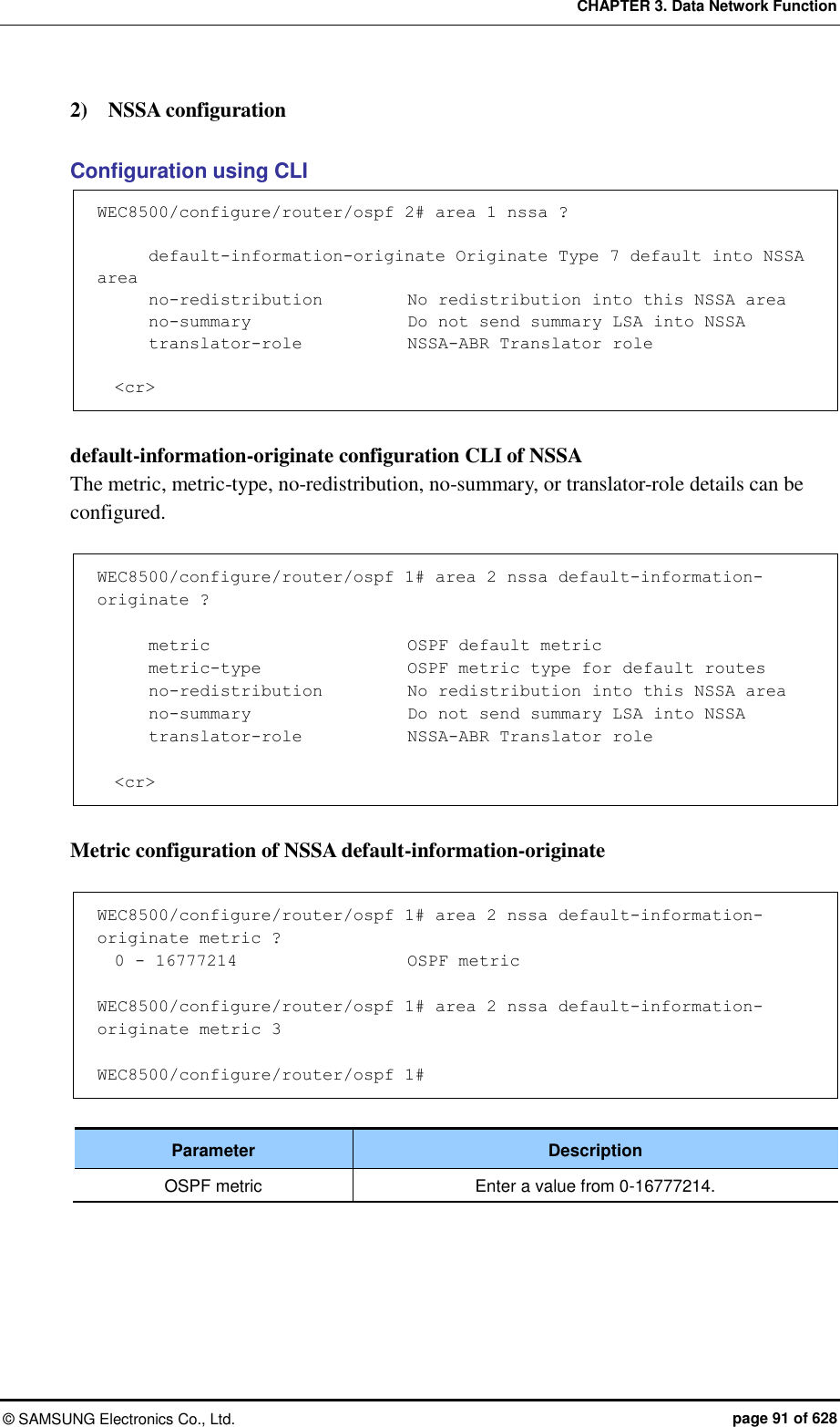 CHAPTER 3. Data Network Function ©  SAMSUNG Electronics Co., Ltd.  page 91 of 628 2)    NSSA configuration  Configuration using CLI WEC8500/configure/router/ospf 2# area 1 nssa ?        default-information-originate Originate Type 7 default into NSSA area       no-redistribution          No redistribution into this NSSA area       no-summary                  Do not send summary LSA into NSSA       translator-role            NSSA-ABR Translator role    &lt;cr&gt;  default-information-originate configuration CLI of NSSA   The metric, metric-type, no-redistribution, no-summary, or translator-role details can be configured.    WEC8500/configure/router/ospf 1# area 2 nssa default-information-originate ?        metric                       OSPF default metric       metric-type              OSPF metric type for default routes       no-redistribution          No redistribution into this NSSA area       no-summary                   Do not send summary LSA into NSSA       translator-role            NSSA-ABR Translator role    &lt;cr&gt;  Metric configuration of NSSA default-information-originate    WEC8500/configure/router/ospf 1# area 2 nssa default-information-originate metric ?   0 - 16777214                    OSPF metric  WEC8500/configure/router/ospf 1# area 2 nssa default-information-originate metric 3   WEC8500/configure/router/ospf 1#  Parameter Description OSPF metric Enter a value from 0-16777214.  