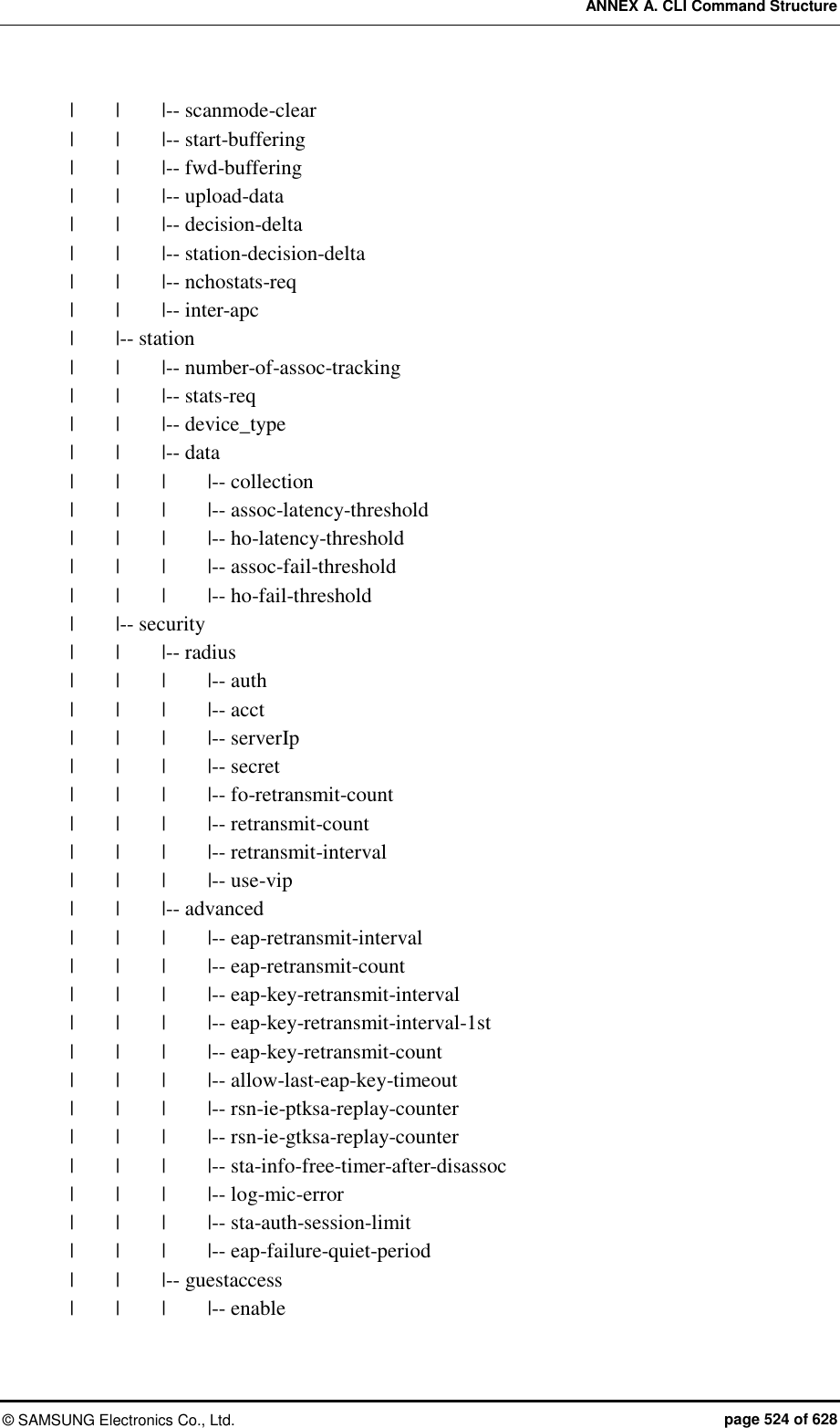 ANNEX A. CLI Command Structure &copy;  SAMSUNG Electronics Co., Ltd.  page 524 of 628 |    |    |-- scanmode-clear |    |    |-- start-buffering |    |    |-- fwd-buffering |    |    |-- upload-data |    |    |-- decision-delta |    |    |-- station-decision-delta |    |    |-- nchostats-req |    |    |-- inter-apc |        |-- station |    |    |-- number-of-assoc-tracking |    |    |-- stats-req |    |    |-- device_type |    |    |-- data |    |    |    |-- collection |    |    |    |-- assoc-latency-threshold |    |    |    |-- ho-latency-threshold |    |    |    |-- assoc-fail-threshold |    |    |    |-- ho-fail-threshold |        |-- security |    |    |-- radius |    |    |    |-- auth |    |    |    |-- acct |    |    |    |-- serverIp |    |    |    |-- secret |    |    |    |-- fo-retransmit-count |    |    |    |-- retransmit-count |    |    |    |-- retransmit-interval |        |        |     |-- use-vip |    |    |-- advanced |    |    |    |-- eap-retransmit-interval |    |    |    |-- eap-retransmit-count |    |    |    |-- eap-key-retransmit-interval |    |    |    |-- eap-key-retransmit-interval-1st |    |    |    |-- eap-key-retransmit-count |    |    |    |-- allow-last-eap-key-timeout |    |    |    |-- rsn-ie-ptksa-replay-counter |    |    |    |-- rsn-ie-gtksa-replay-counter |    |    |    |-- sta-info-free-timer-after-disassoc |    |    |    |-- log-mic-error |    |    |    |-- sta-auth-session-limit |    |    |    |-- eap-failure-quiet-period |    |    |-- guestaccess |    |    |    |-- enable 