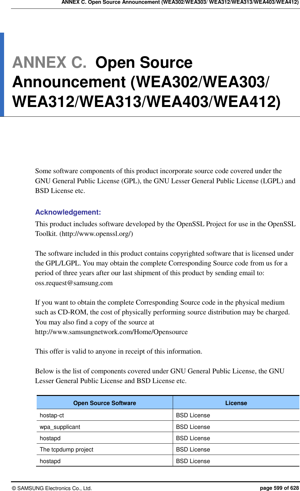 ANNEX C. Open Source Announcement (WEA302/WEA303/ WEA312/WEA313/WEA403/WEA412) &copy;  SAMSUNG Electronics Co., Ltd.  page 599 of 628 ANNEX C.  Open Source Announcement (WEA302/WEA303/ WEA312/WEA313/WEA403/WEA412)      Some software components of this product incorporate source code covered under the GNU General Public License (GPL), the GNU Lesser General Public License (LGPL) and BSD License etc.  Acknowledgement: This product includes software developed by the OpenSSL Project for use in the OpenSSL Toolkit. (http://www.openssl.org/)    The software included in this product contains copyrighted software that is licensed under the GPL/LGPL. You may obtain the complete Corresponding Source code from us for a period of three years after our last shipment of this product by sending email to: oss.request@samsung.com  If you want to obtain the complete Corresponding Source code in the physical medium such as CD-ROM, the cost of physically performing source distribution may be charged. You may also find a copy of the source at http://www.samsungnetwork.com/Home/Opensource    This offer is valid to anyone in receipt of this information.  Below is the list of components covered under GNU General Public License, the GNU Lesser General Public License and BSD License etc.  Open Source Software License hostap-ct BSD License wpa_supplicant BSD License hostapd BSD License The tcpdump project BSD License hostapd BSD License 